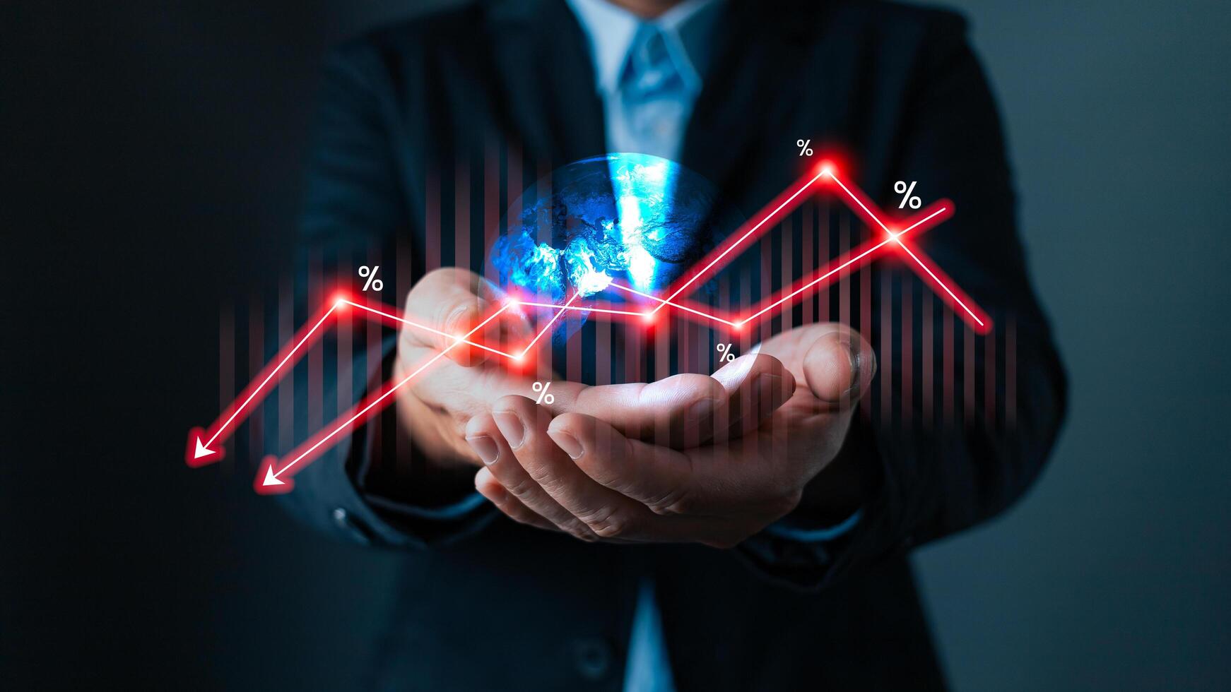 man in suit failure in the hands of businessmen. the graph downtrend, bear stock market, economic crisis, or recession. photo