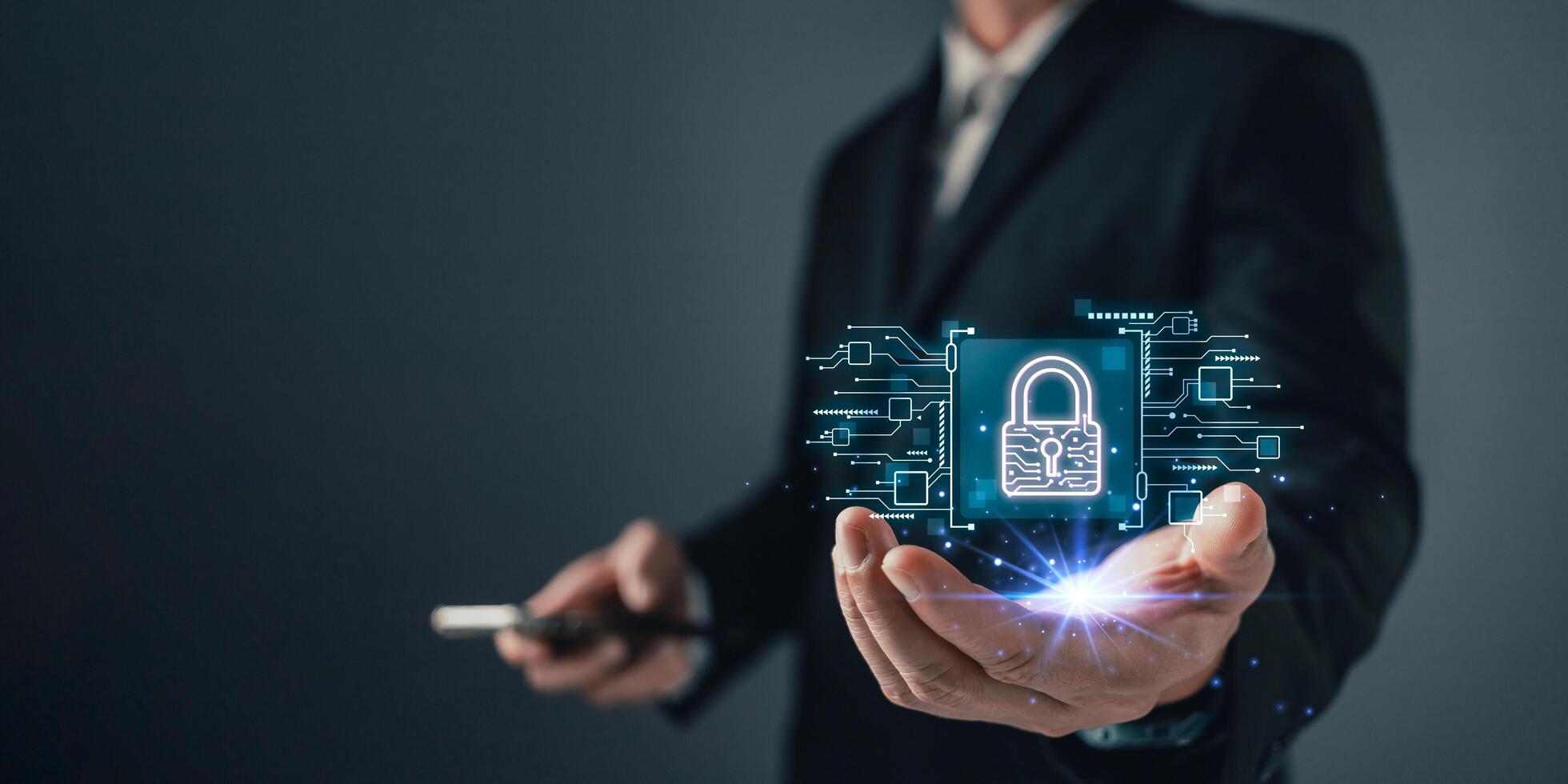 Cyber security and privacy protection network security computer and safe data concept. Businessmen protect personal data information from viruses on hand with virtual screen interfaces. photo