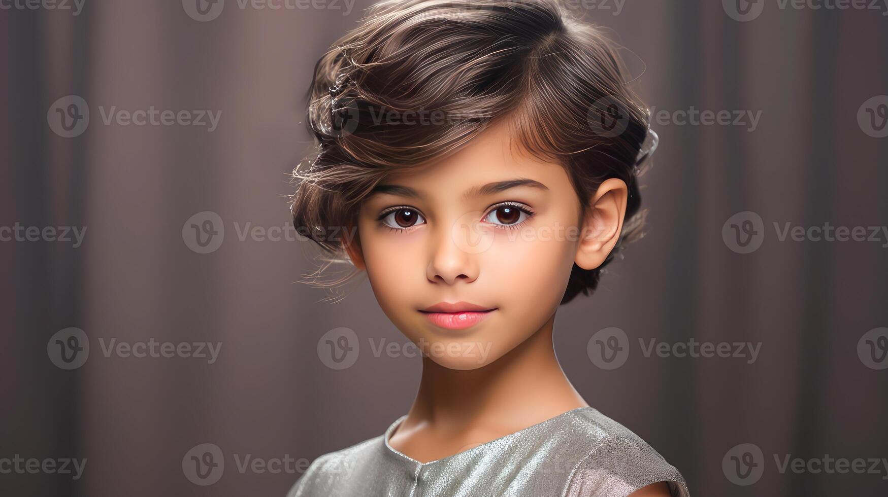 Portrait o smiling latin american girl child silver christmas background. photo