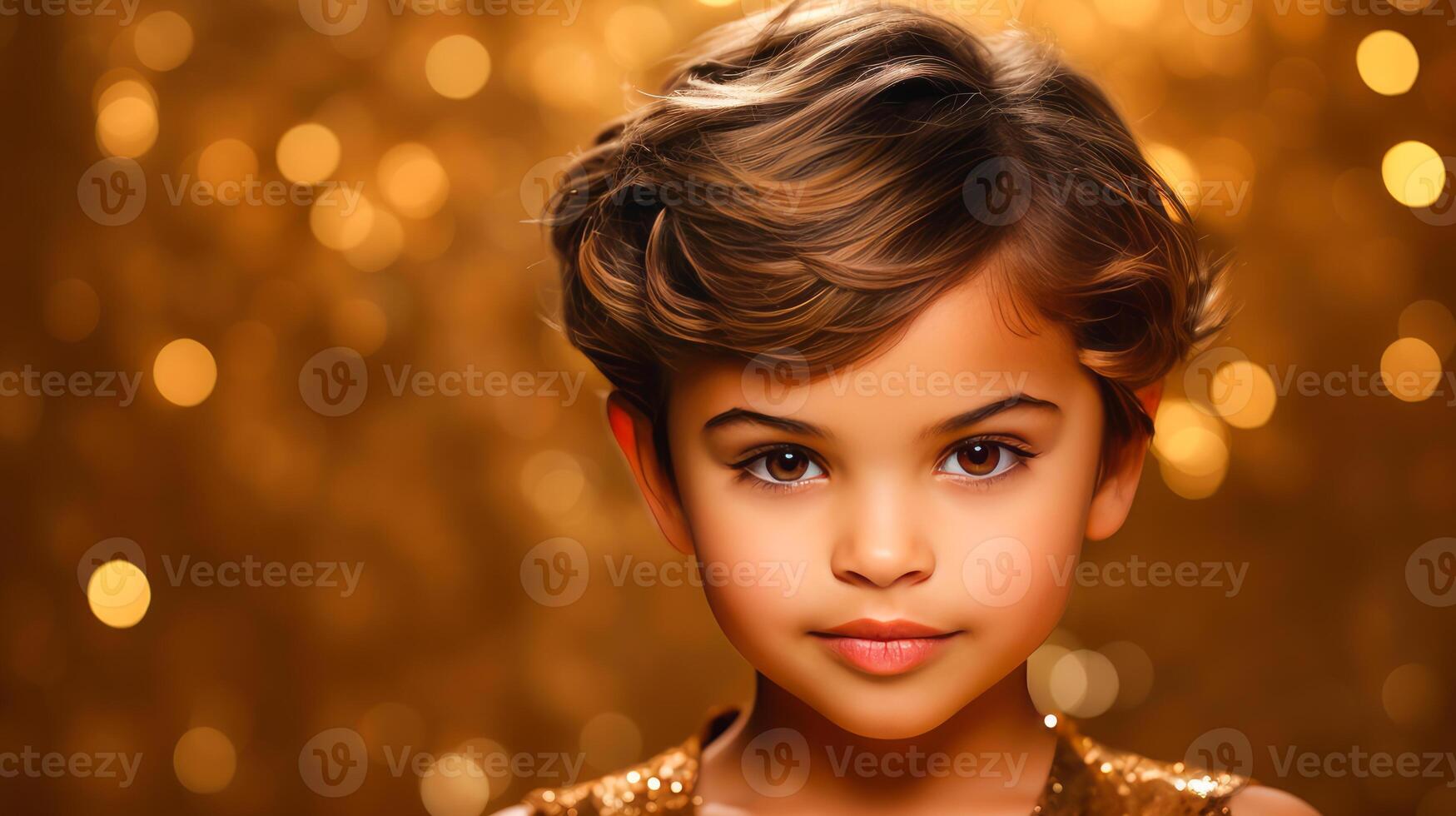 Portrait o smiling latin american girl child with golden background. photo