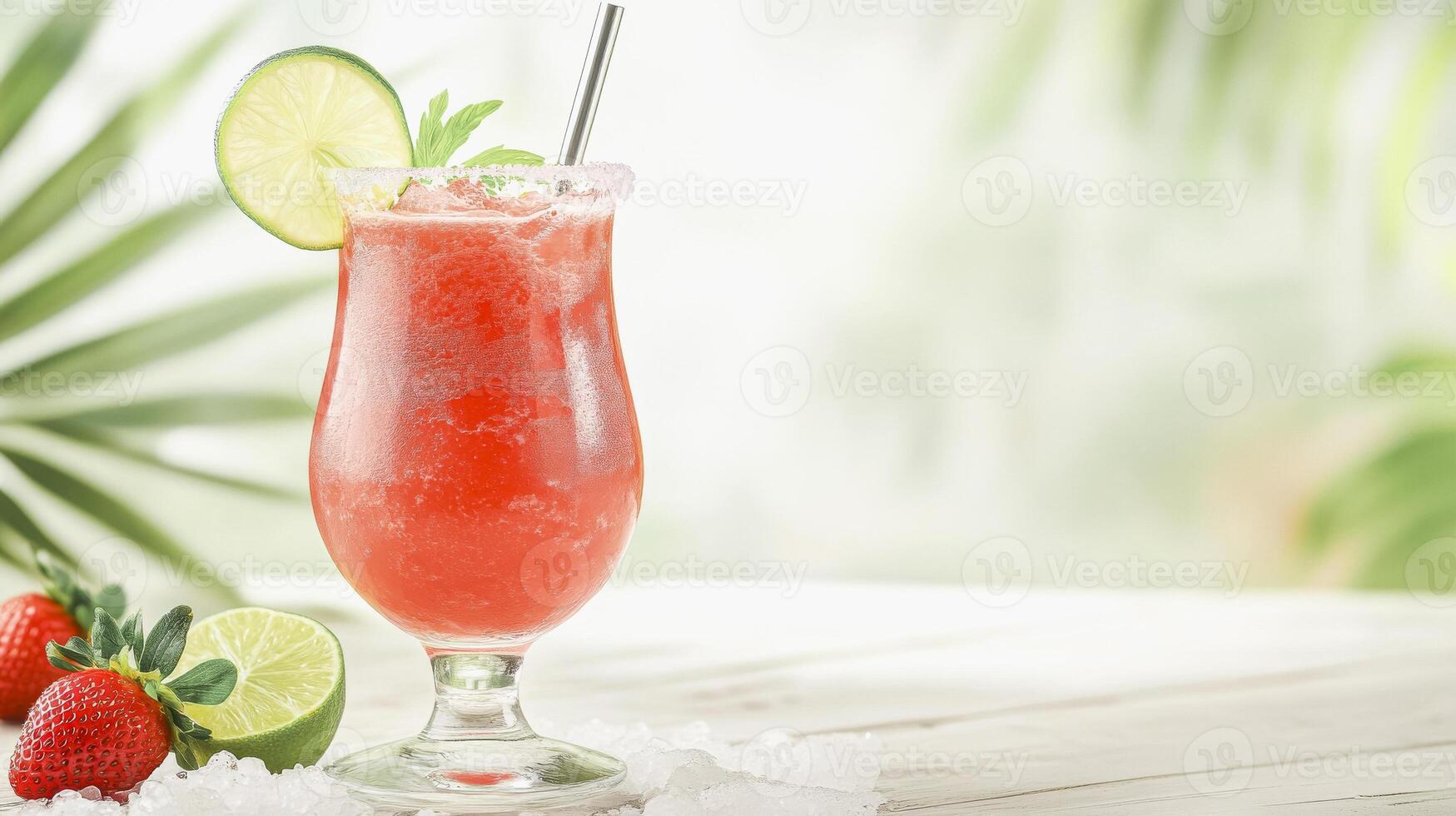 Refreshing strawberry daiquiri cocktail with lime and mint on a sunny day photo