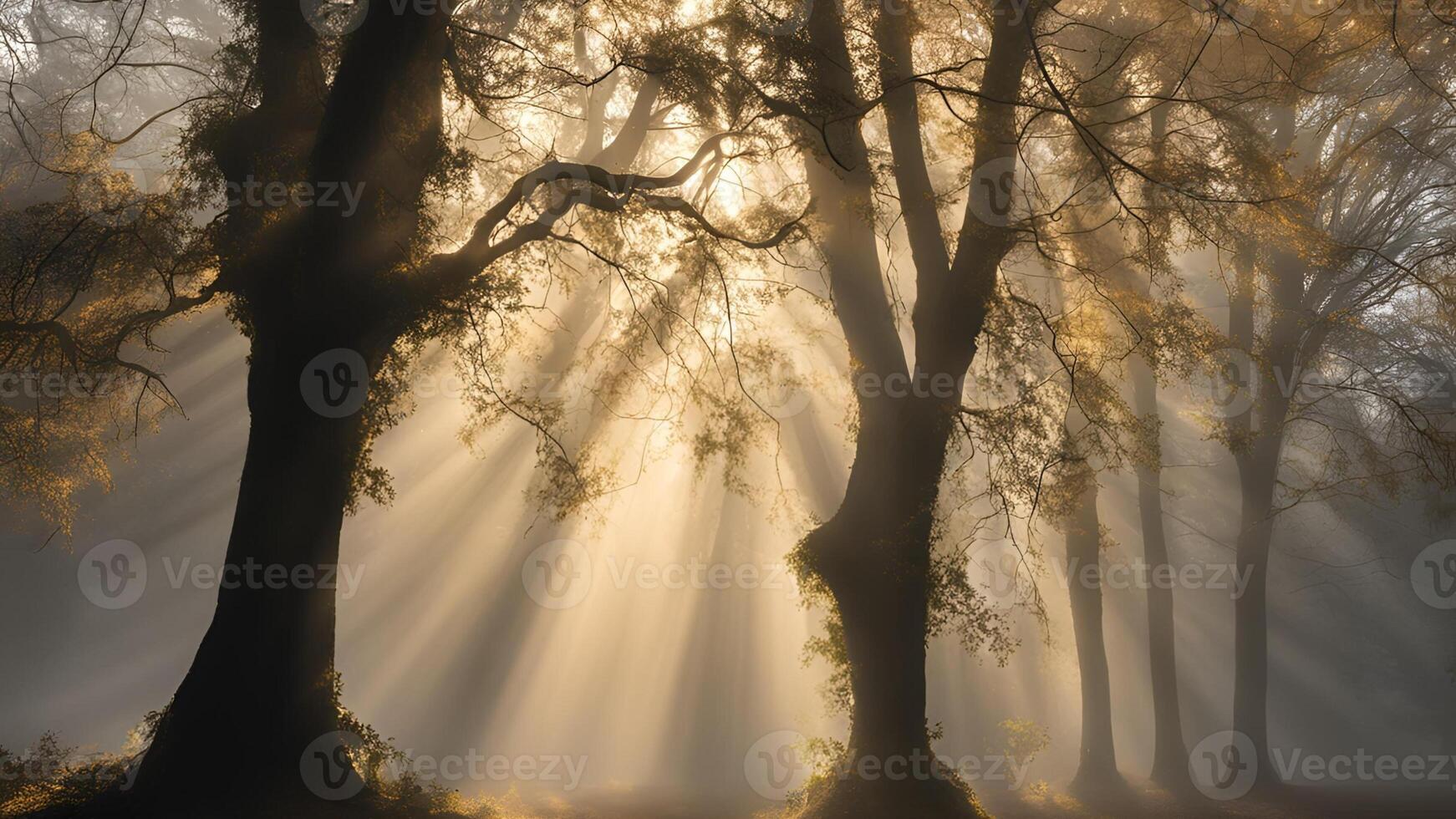 Sunrays piercing through a foggy woodland, highlighting the silhouettes of ancient trees. A breathtaking moment capturing the beauty of nature photo