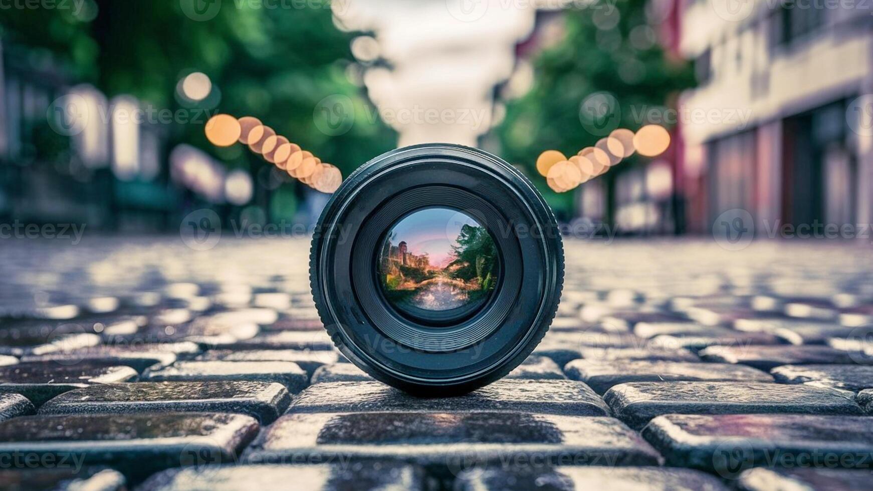 Camera Lens on Cobblestone Street photo