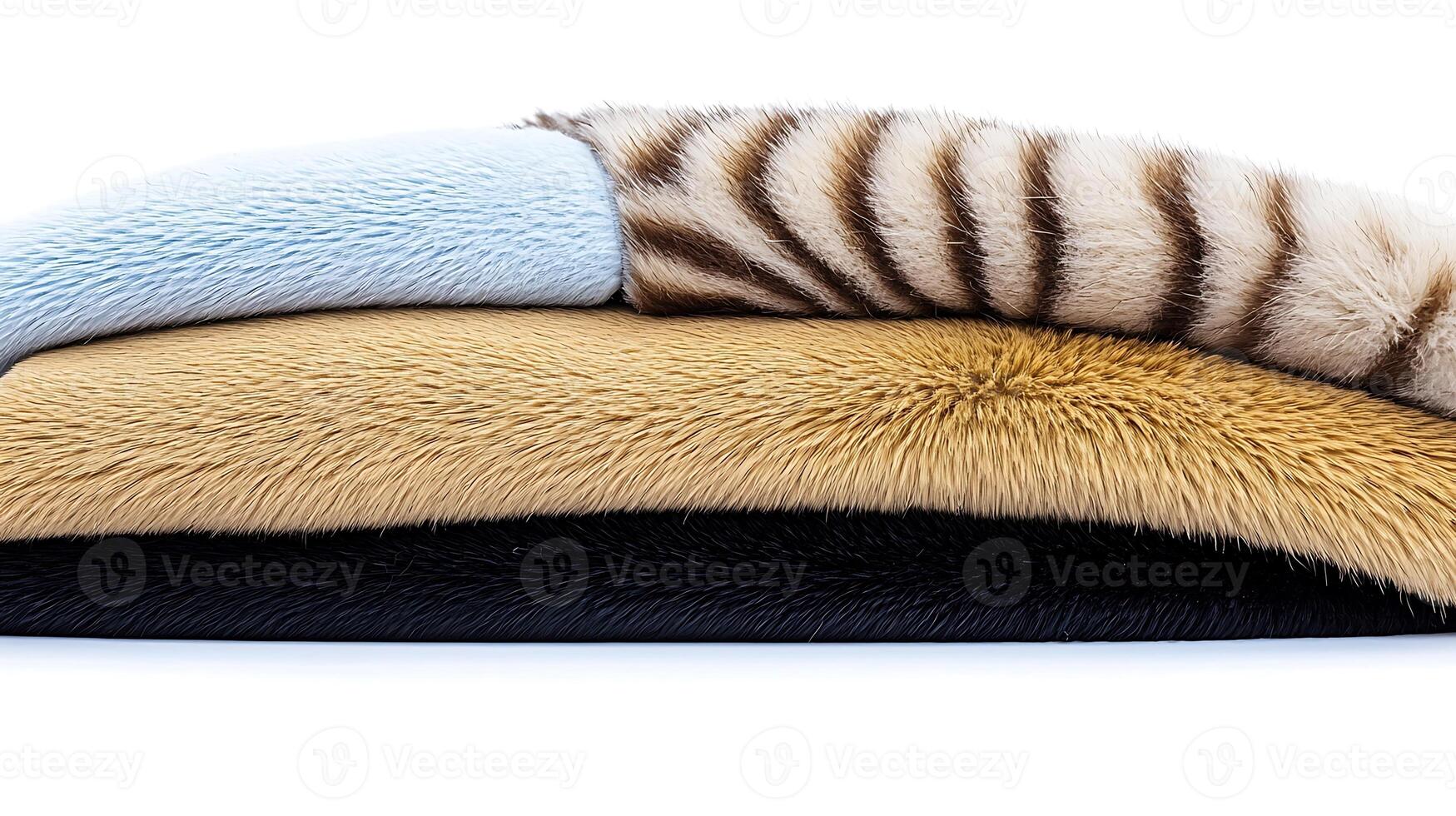Close-up of various textured fabric samples showcasing fur patterns and colors for design inspiration photo