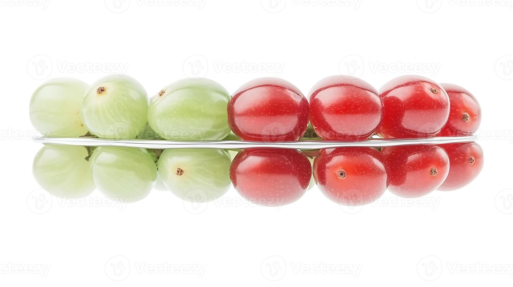 Close-up of vibrant green and red tomatoes arranged in a linear pattern on a white background photo