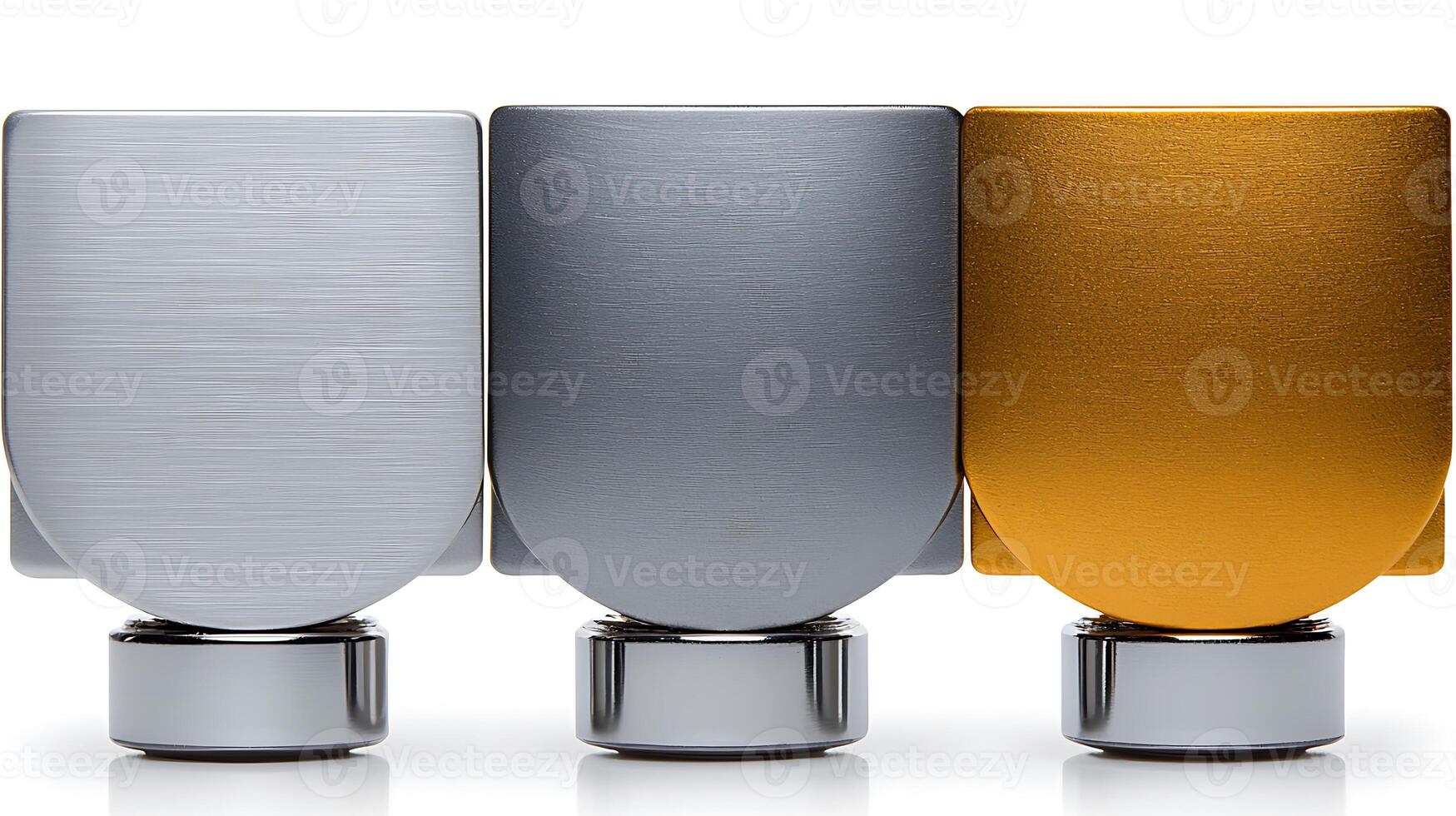 Close-up of three metallic bottle caps in silver, gold, and brushed aluminum on a white background photo