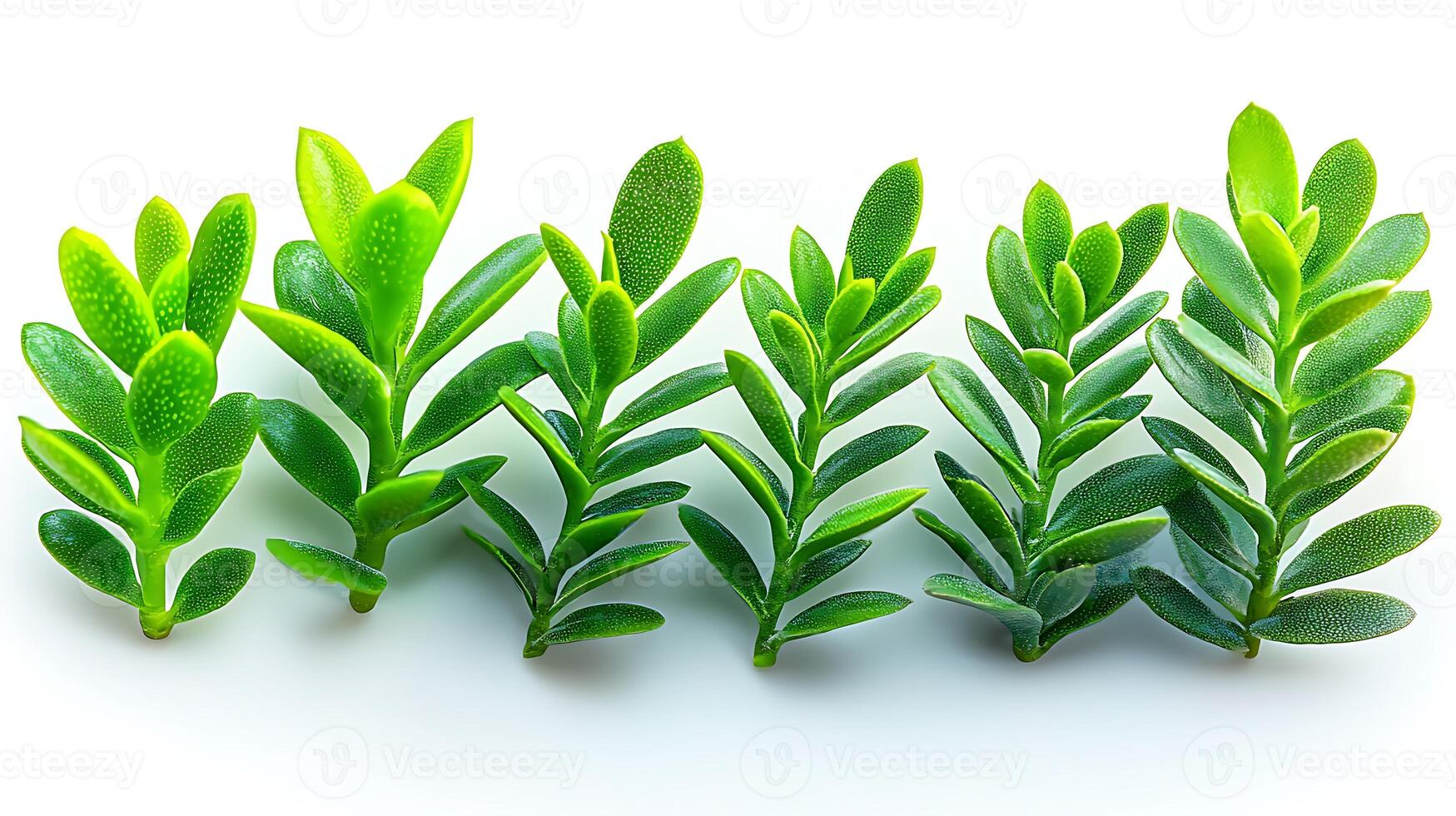 Close-up of vibrant green succulent plants arranged in a row against a white background photo