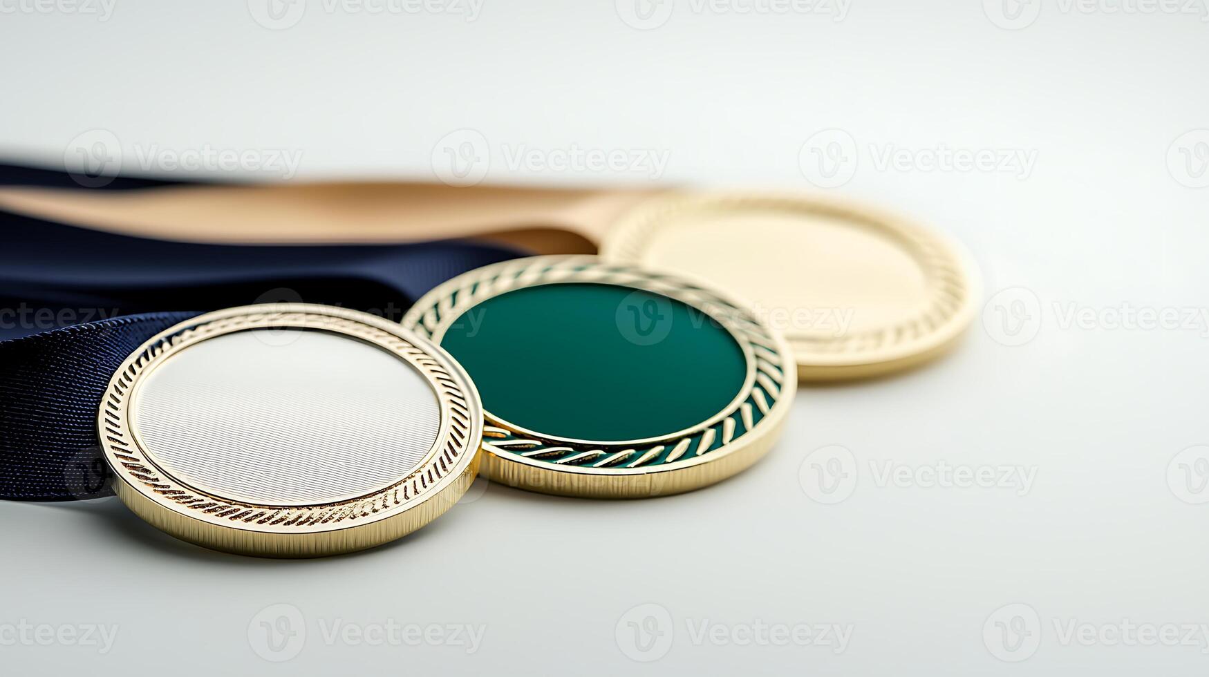 Close-up of three medals with ribbons displayed on a neutral background, symbolizing achievement photo