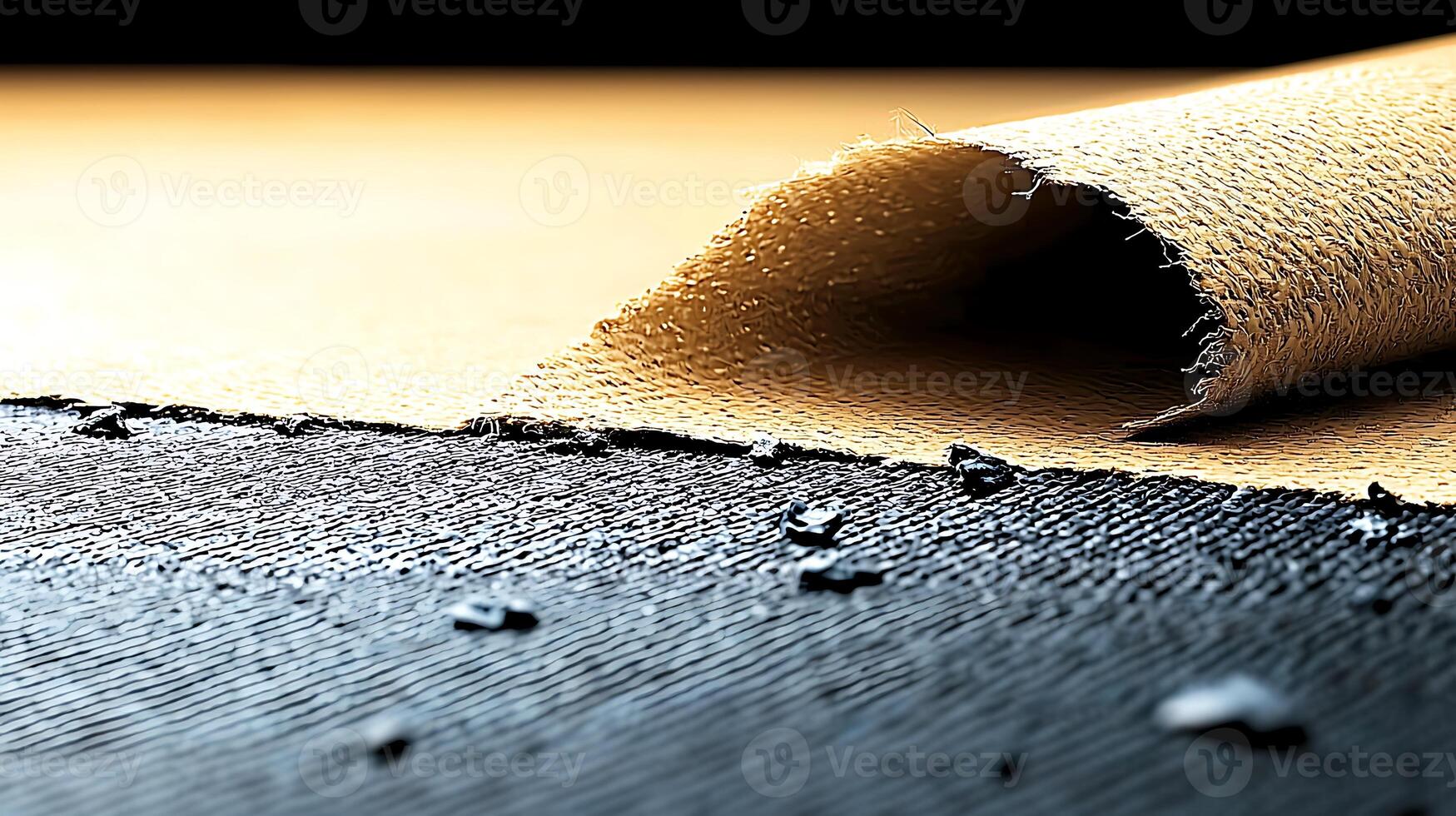 Close-up of textured fabric with frayed edges and scattered debris, showcasing detailed surface photo