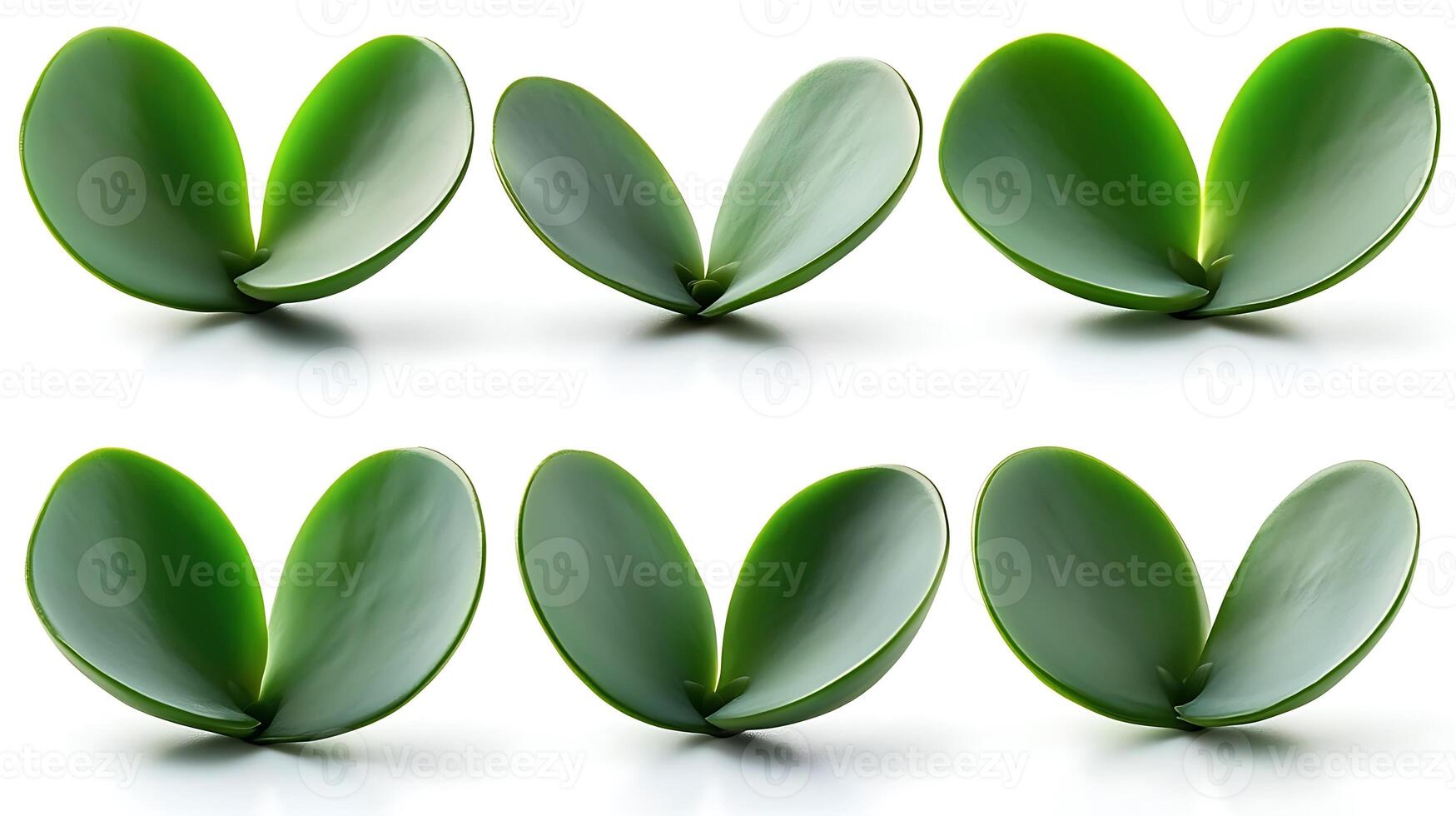 Close-up of vibrant green orchid leaves arranged symmetrically on a white background photo