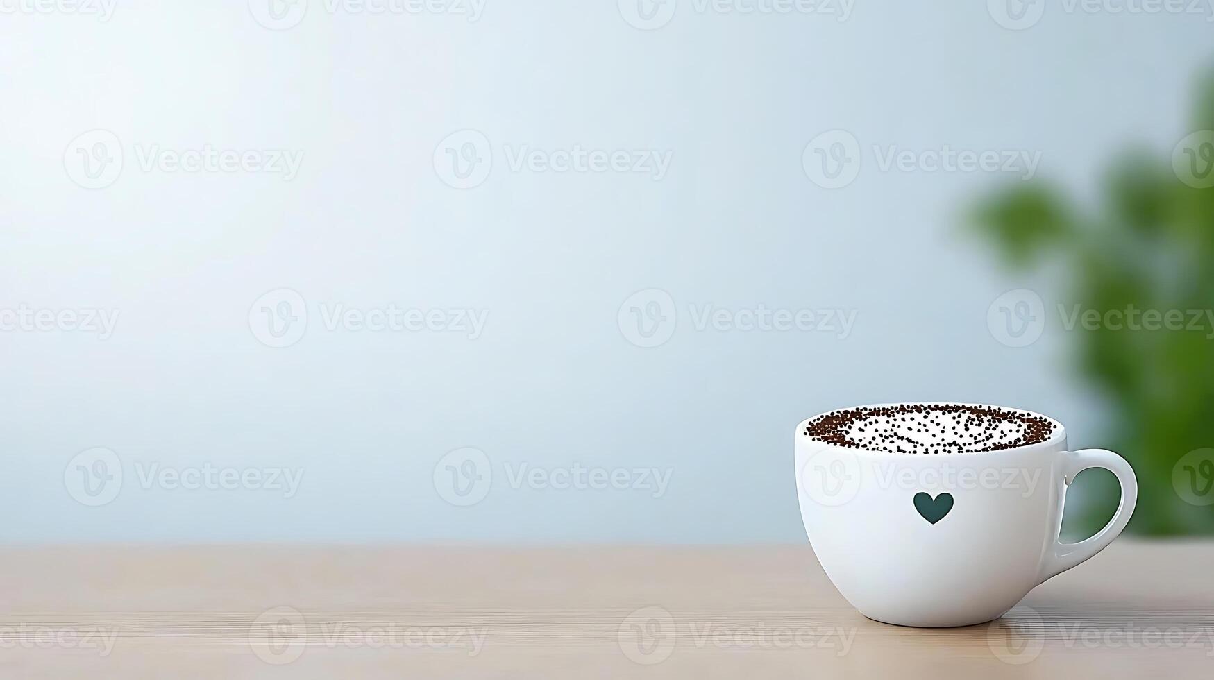 A cozy cup of cappuccino with a heart design on the rim, placed on a wooden table with a soft background photo
