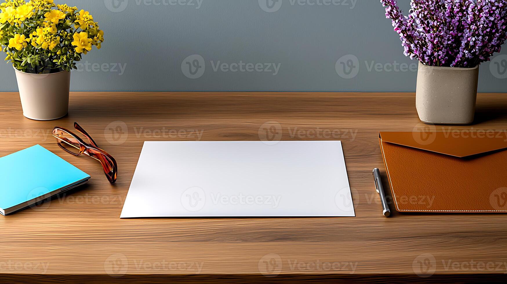 A clean workspace featuring a blank sheet of paper, colorful notebooks, and potted flowers photo