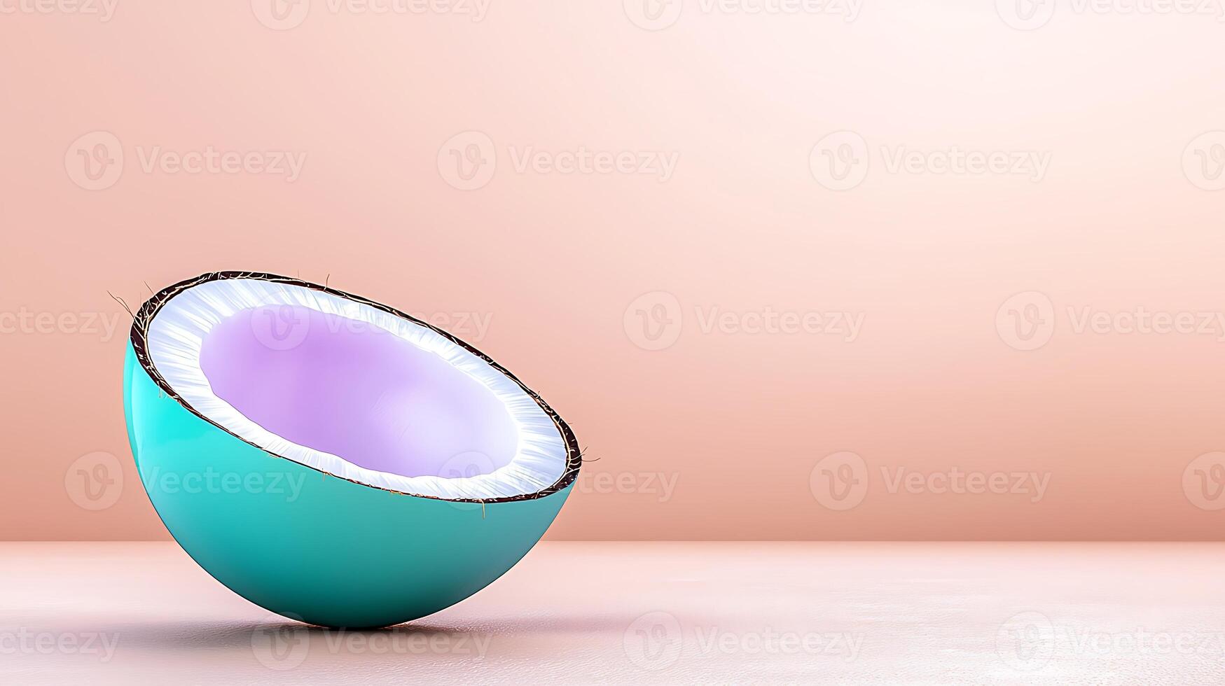 A vibrant turquoise coconut half with a purple interior resting on a soft pink surface photo
