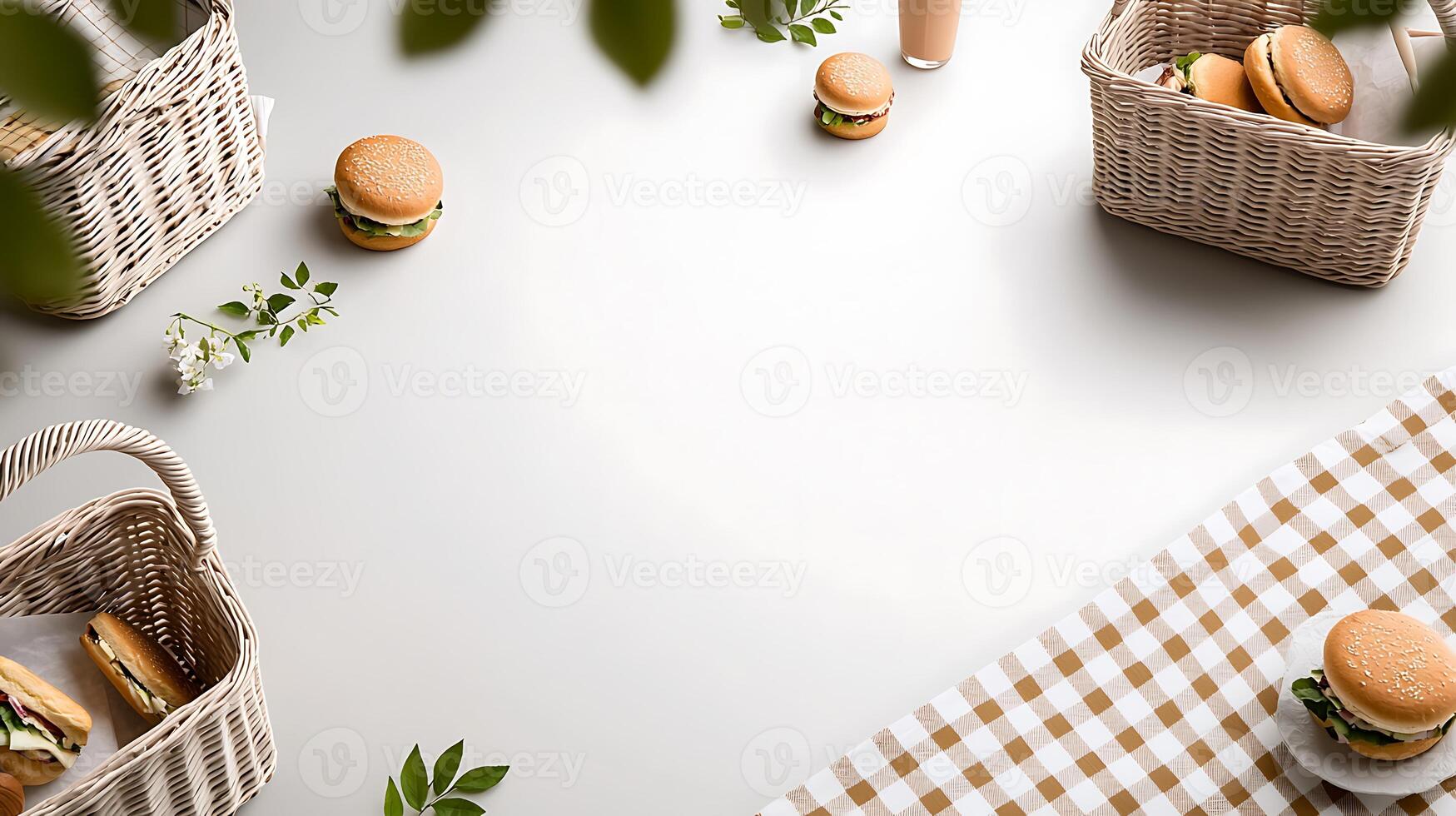 A serene picnic setup featuring delicious burgers in woven baskets on a checkered cloth photo