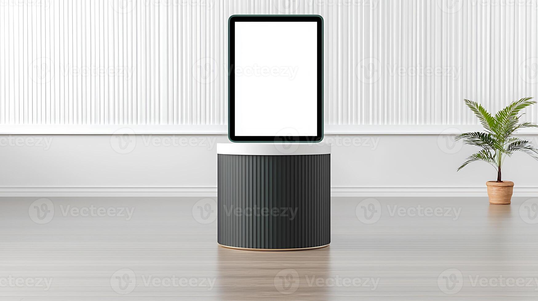 Modern minimalist interior showcasing a blank tablet on a sleek stand with a plant nearby photo