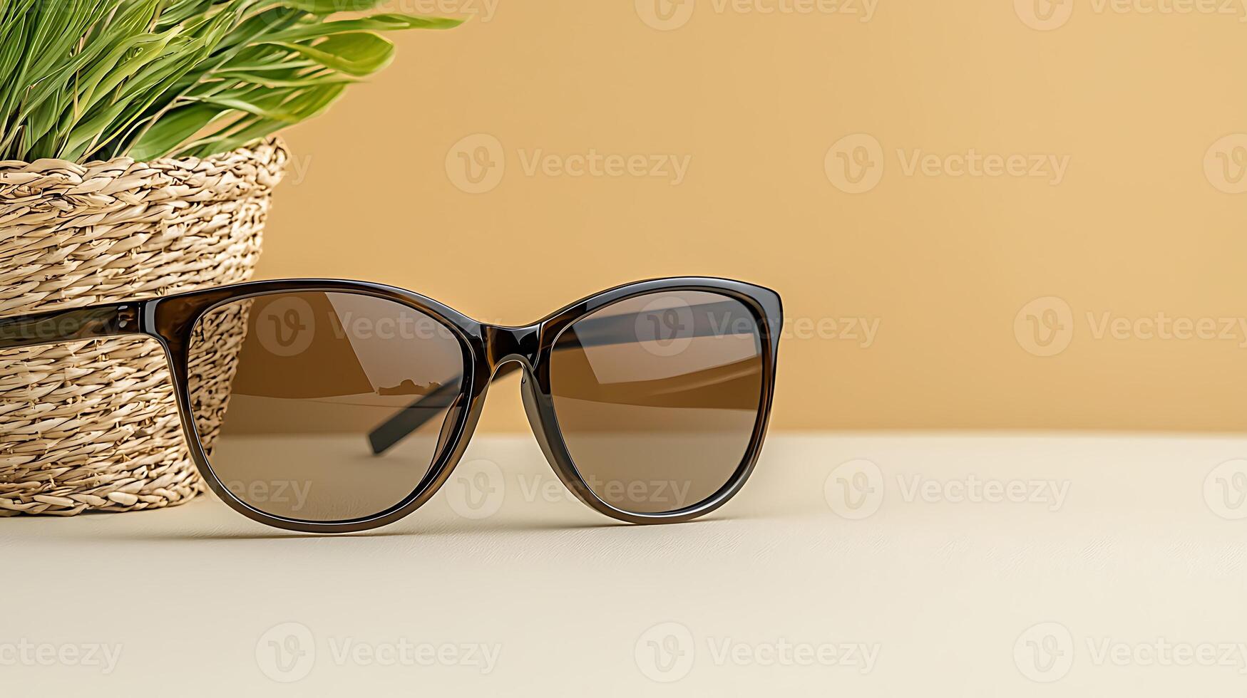 Stylish sunglasses resting on a minimalist table beside a potted plant against a warm backdrop photo