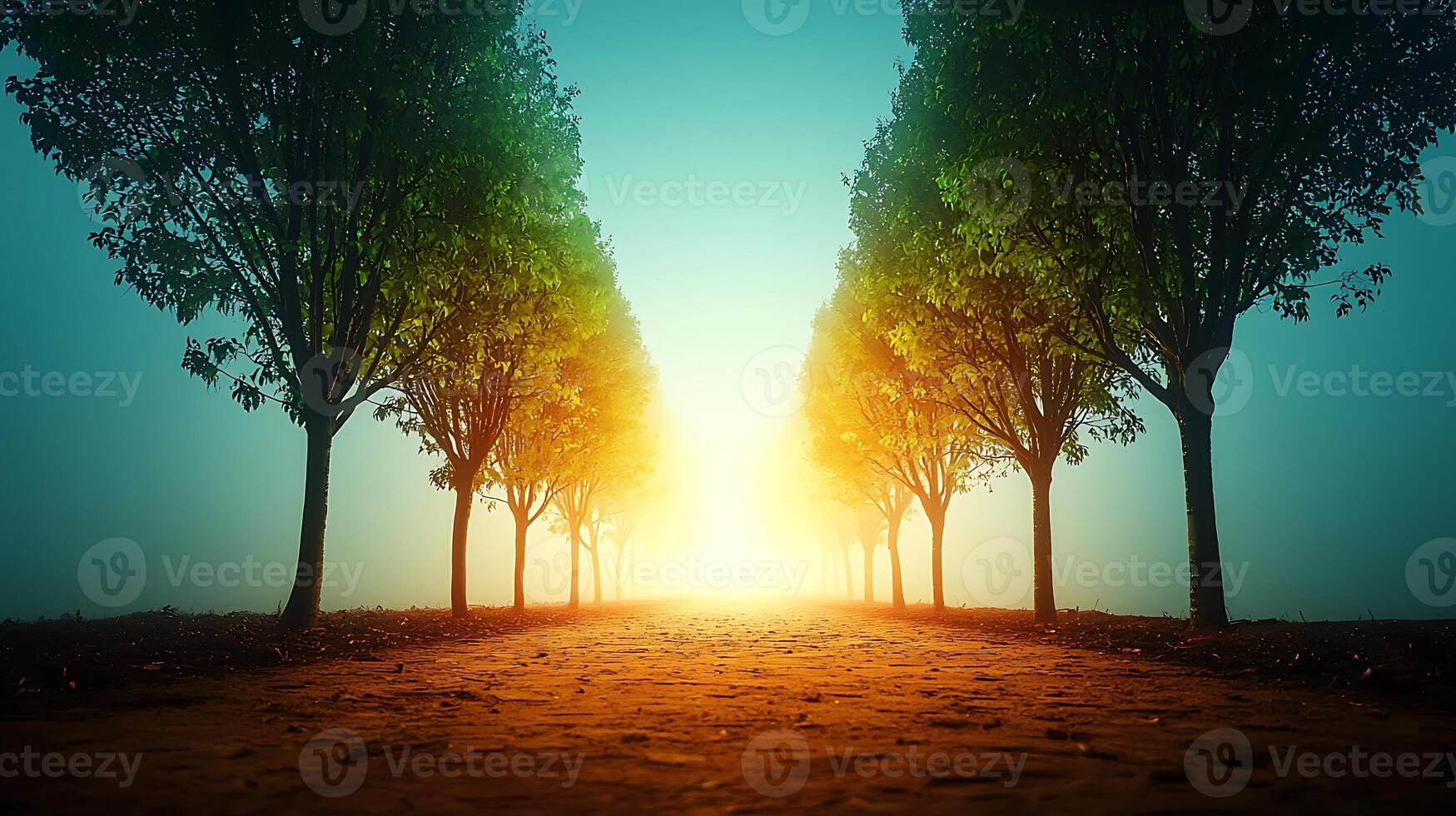 Serene pathway lined with trees leading towards a glowing sunrise in a tranquil environment photo