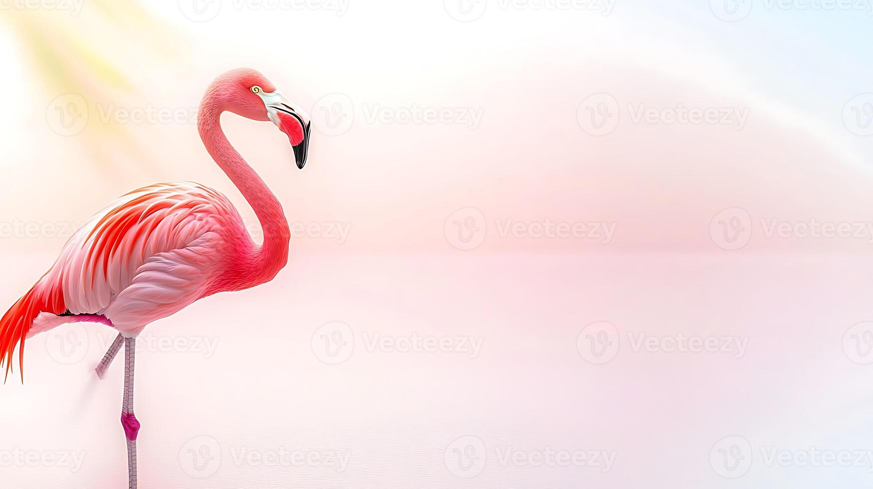 Vibrant pink flamingo standing gracefully on one leg by a serene water surface at sunset photo
