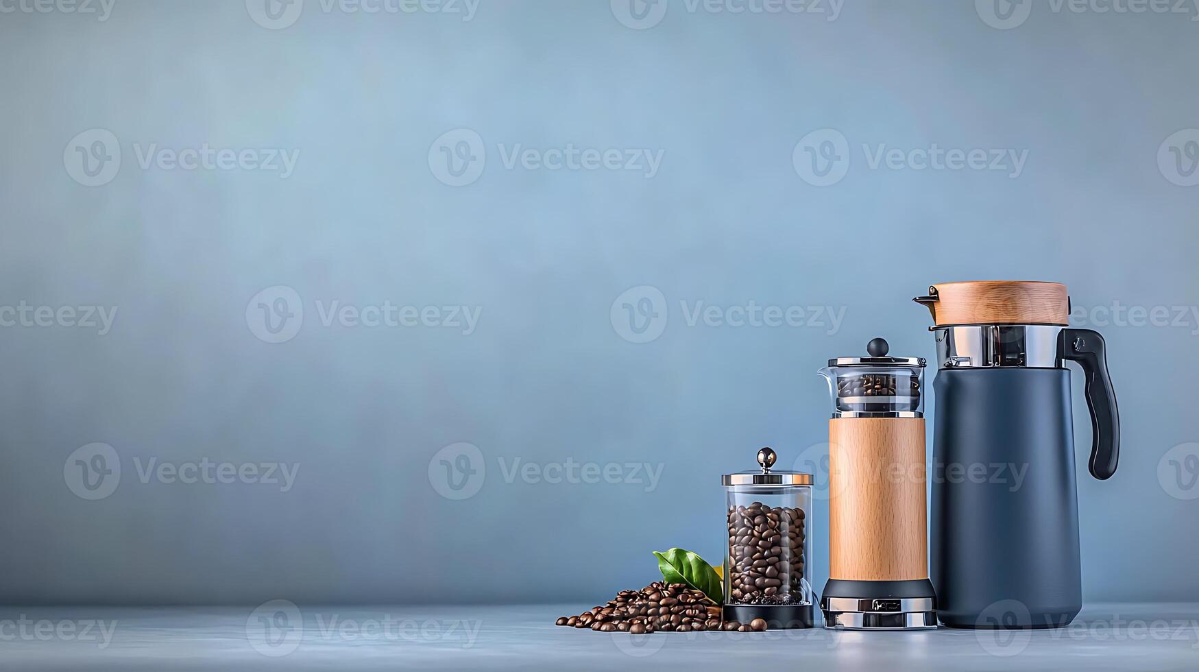 Stylish coffee setup featuring a French press, coffee beans, and a thermos on a minimalist background photo