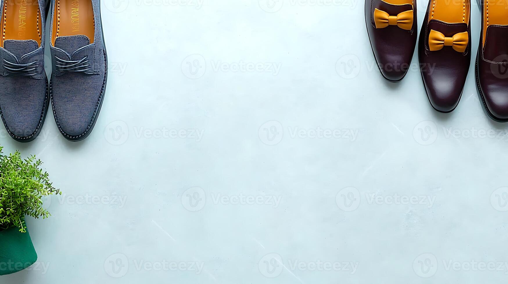 Stylish footwear arrangement showcasing elegant shoes on a minimalist background with greenery photo