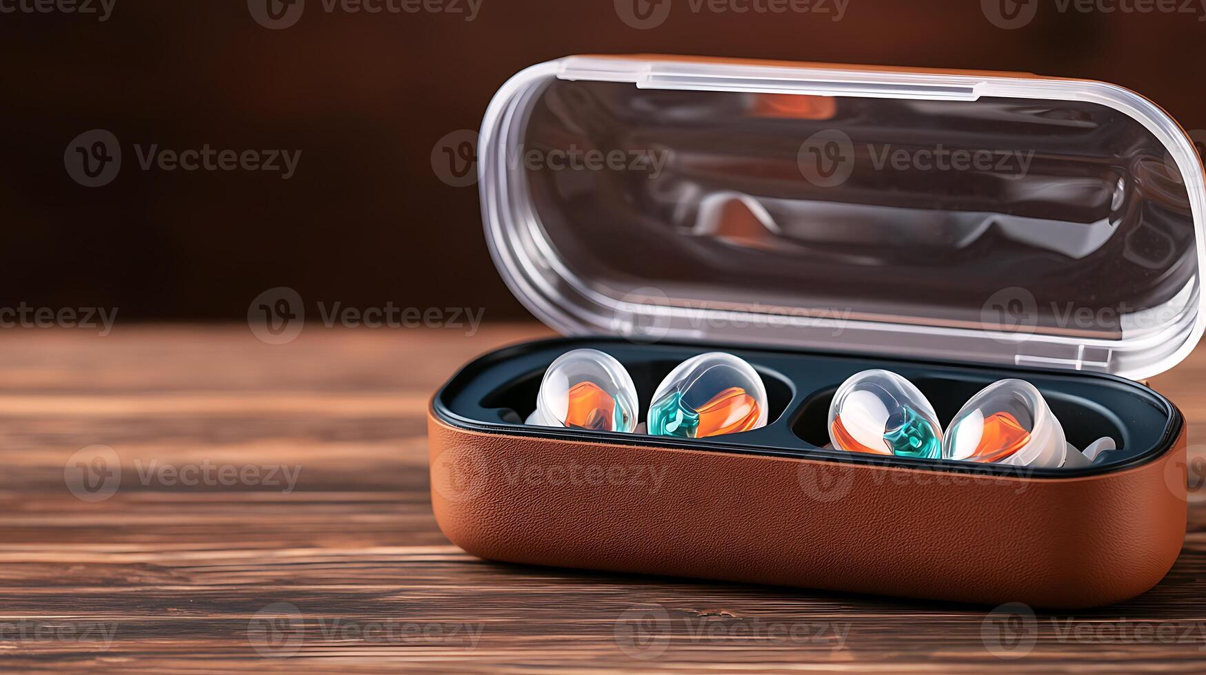 Close-up of a sleek earbud case with colorful earbuds on a wooden table, showcasing modern design photo