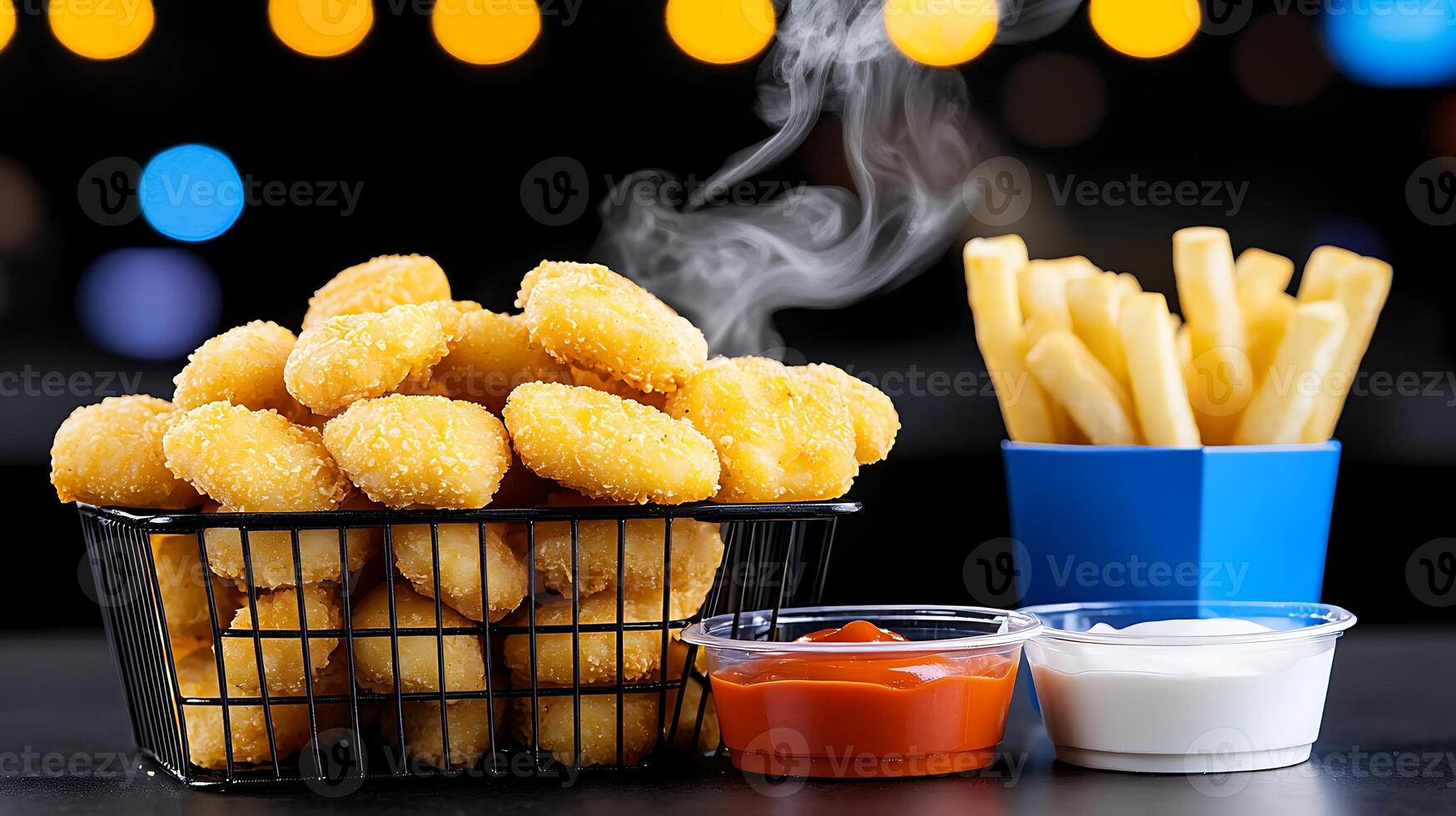 A steaming basket of golden chicken nuggets served with ketchup and ranch dressing alongside crispy fries photo
