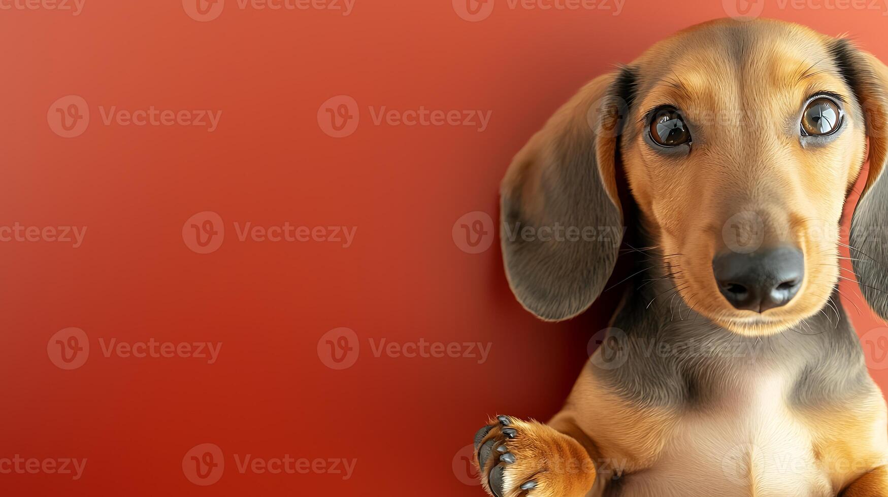 Adorable dachshund puppy looking curiously at the camera against a vibrant red background photo