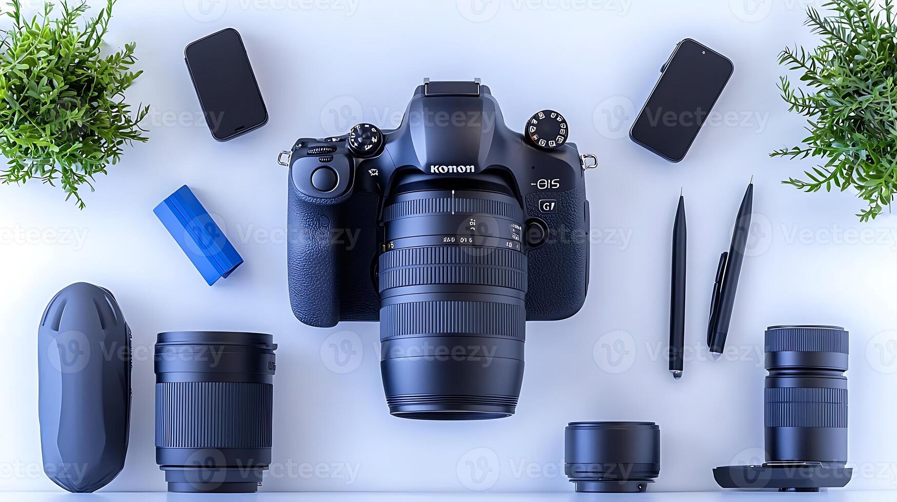 Professional camera setup on a clean surface surrounded by lenses, phones, and greenery photo