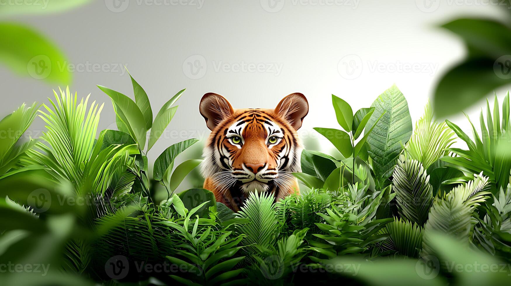 Majestic tiger peering through lush green foliage in a serene jungle setting photo