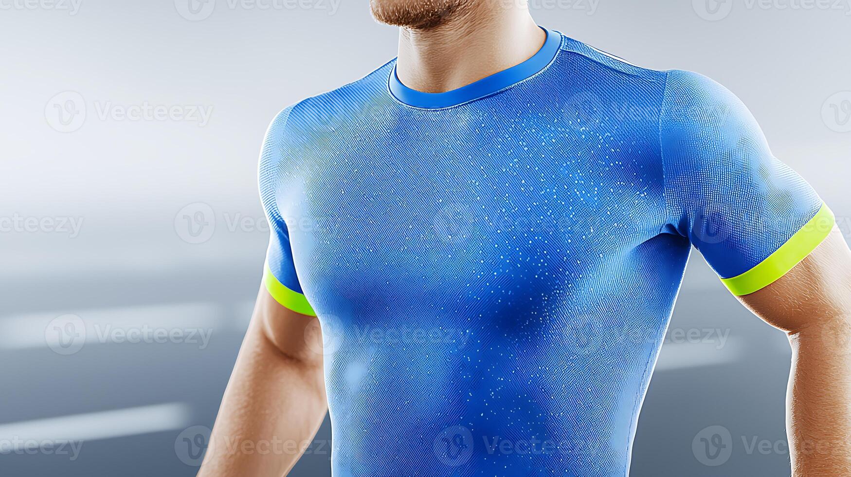 Athletic man in blue sportswear running on a blurred urban road with a dynamic background photo