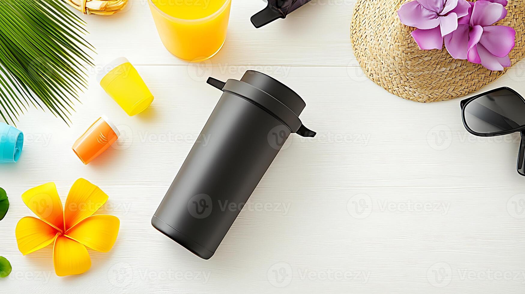 Vibrant summer scene featuring a black shaker cup surrounded by colorful drinks and tropical decor photo