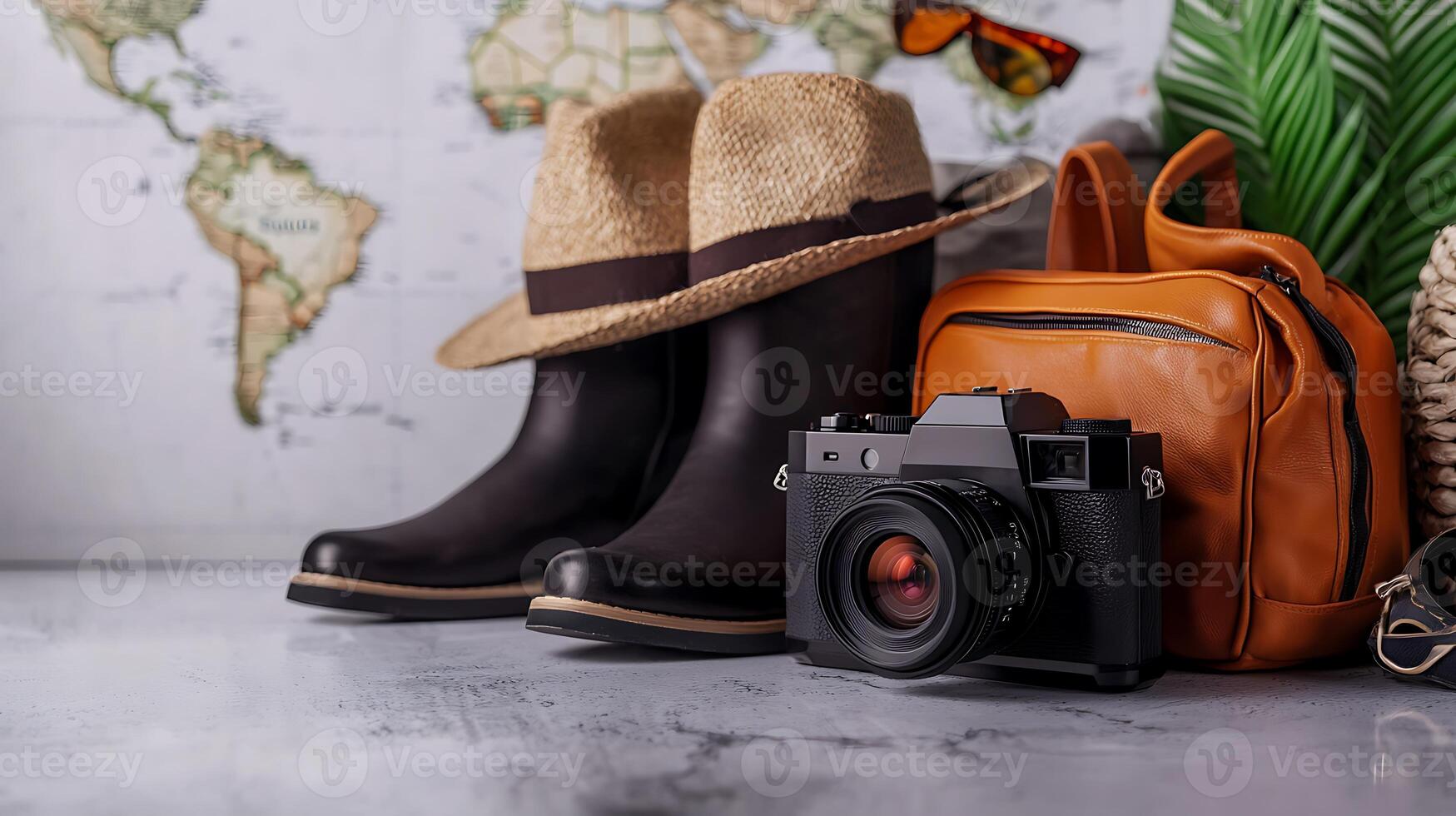 Travel essentials arranged on a surface, featuring boots, a camera, and hats with a map backdrop photo