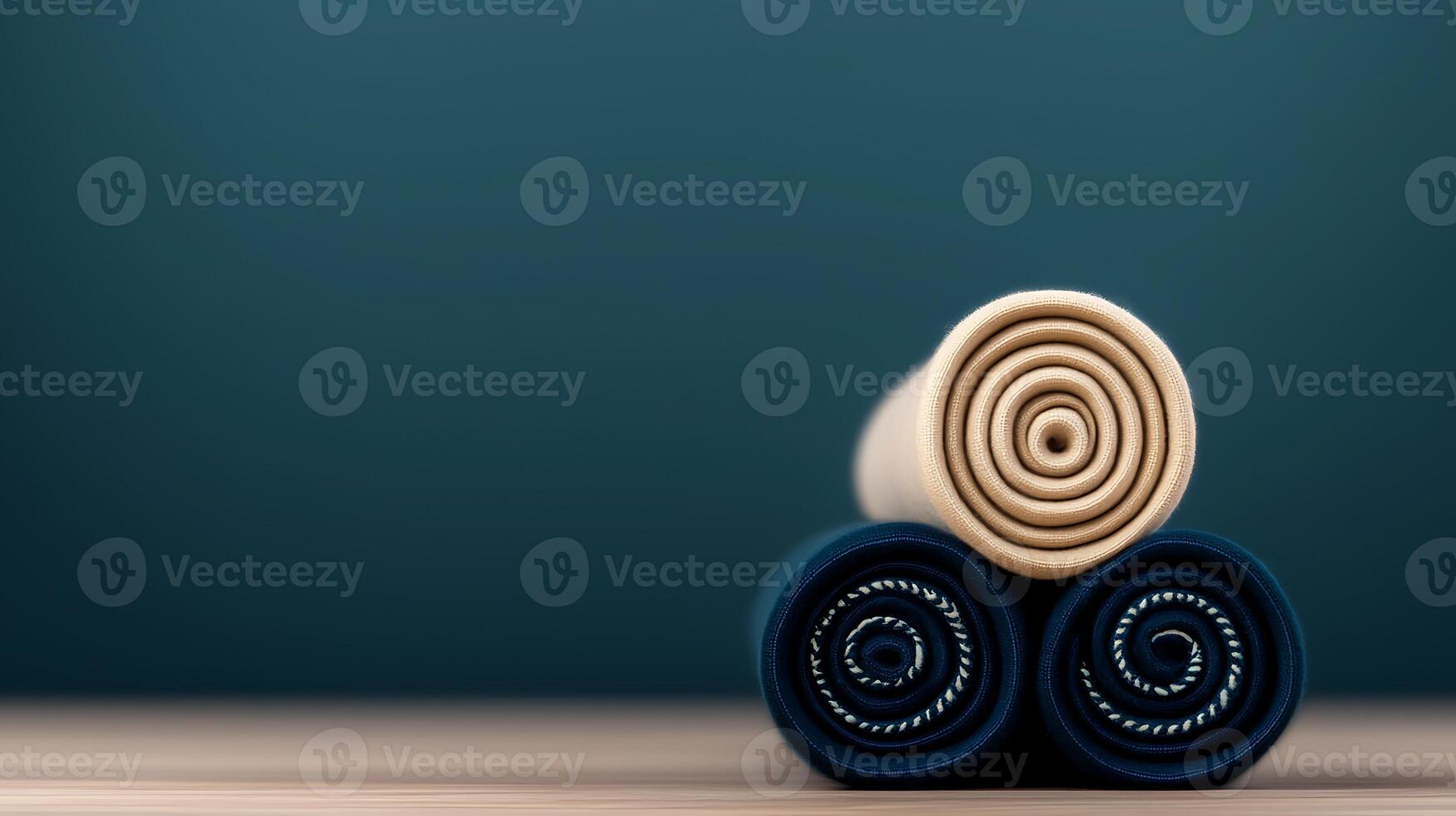Stacked rolled towels in soothing colors on a wooden surface against a calm blue backdrop photo