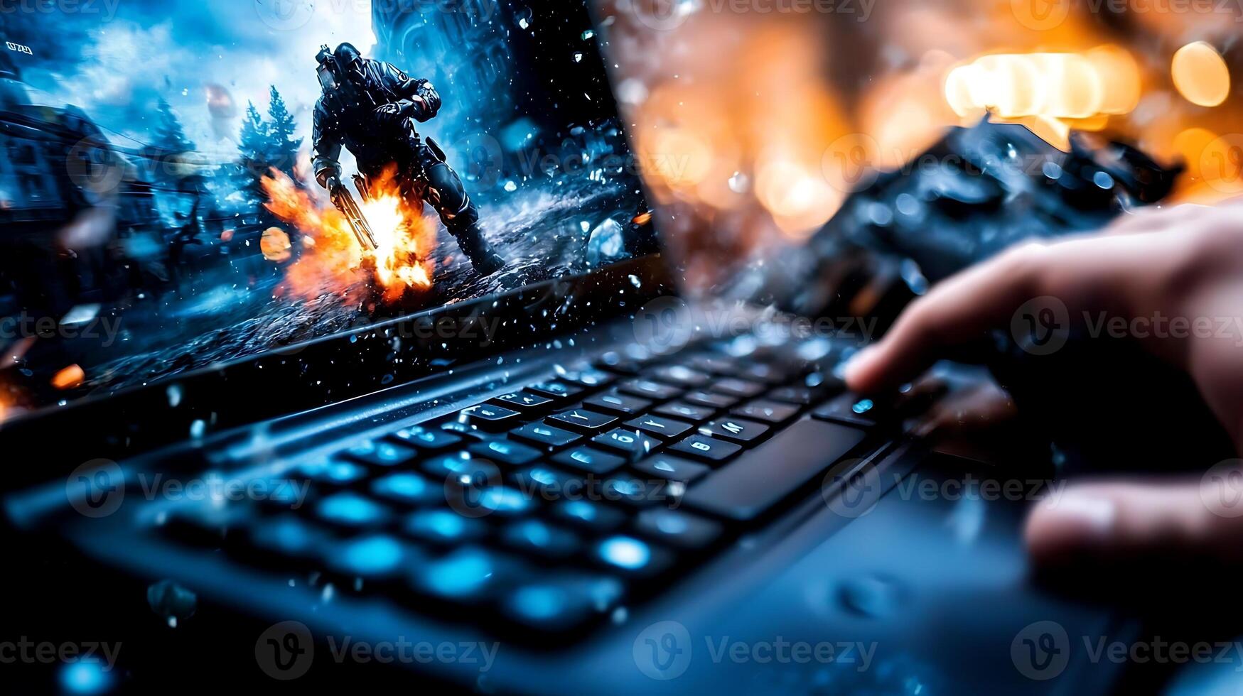 Gamer immersed in action with a laptop displaying an explosive battle scene in a dynamic setting photo