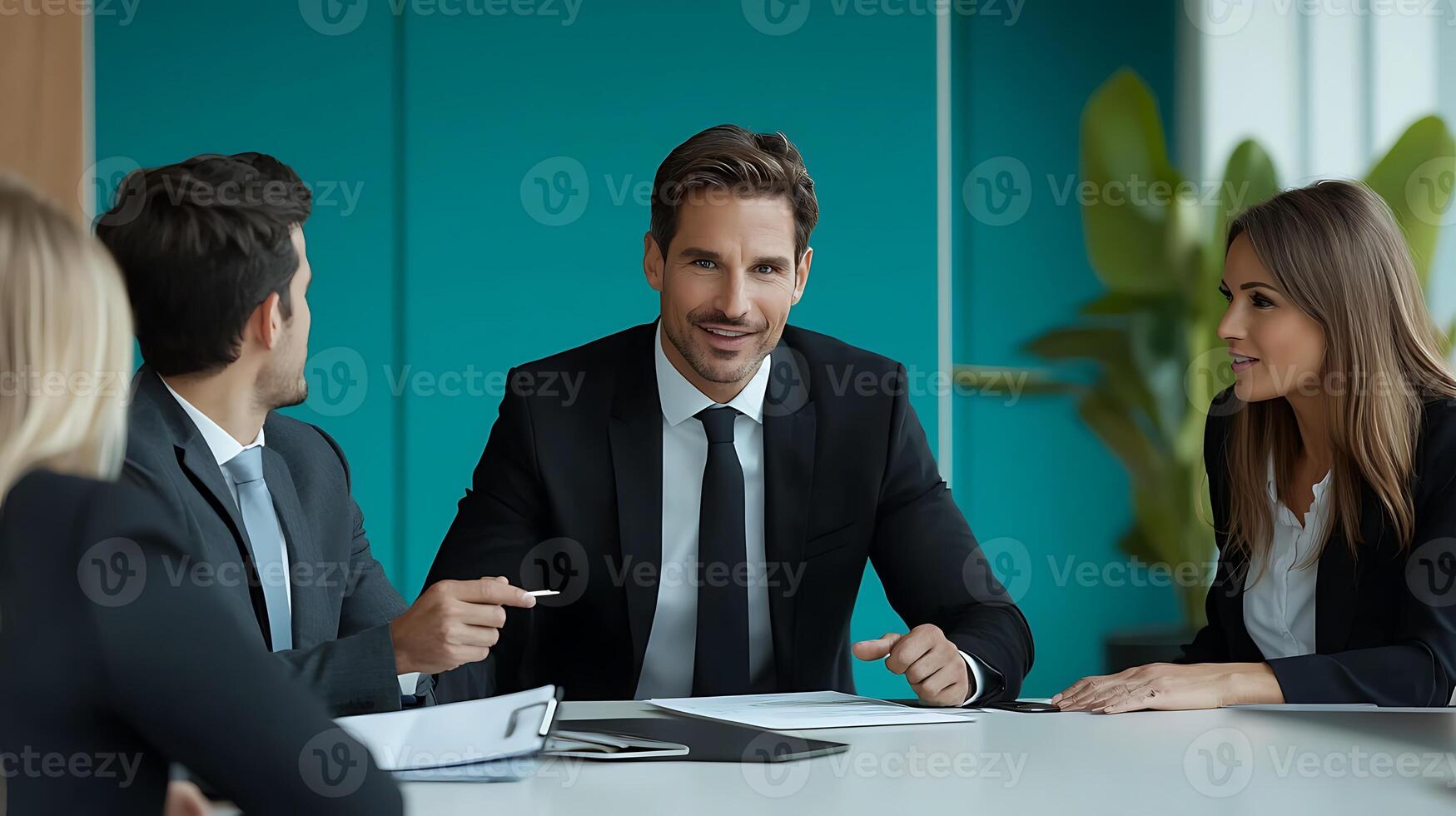 Business meeting in modern office with professionals discussing strategy and ideas photo