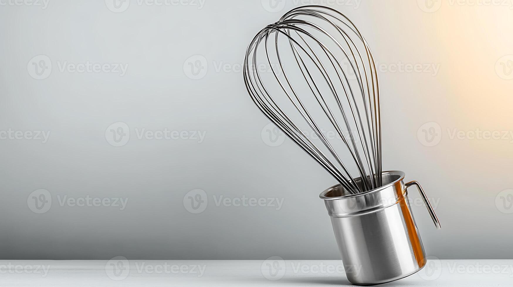 Silver whisk leaning in a metal container on a smooth surface with a soft gradient background photo