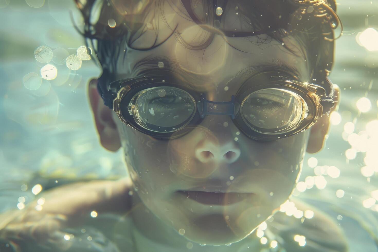 A young boy wearing goggles in the water photo