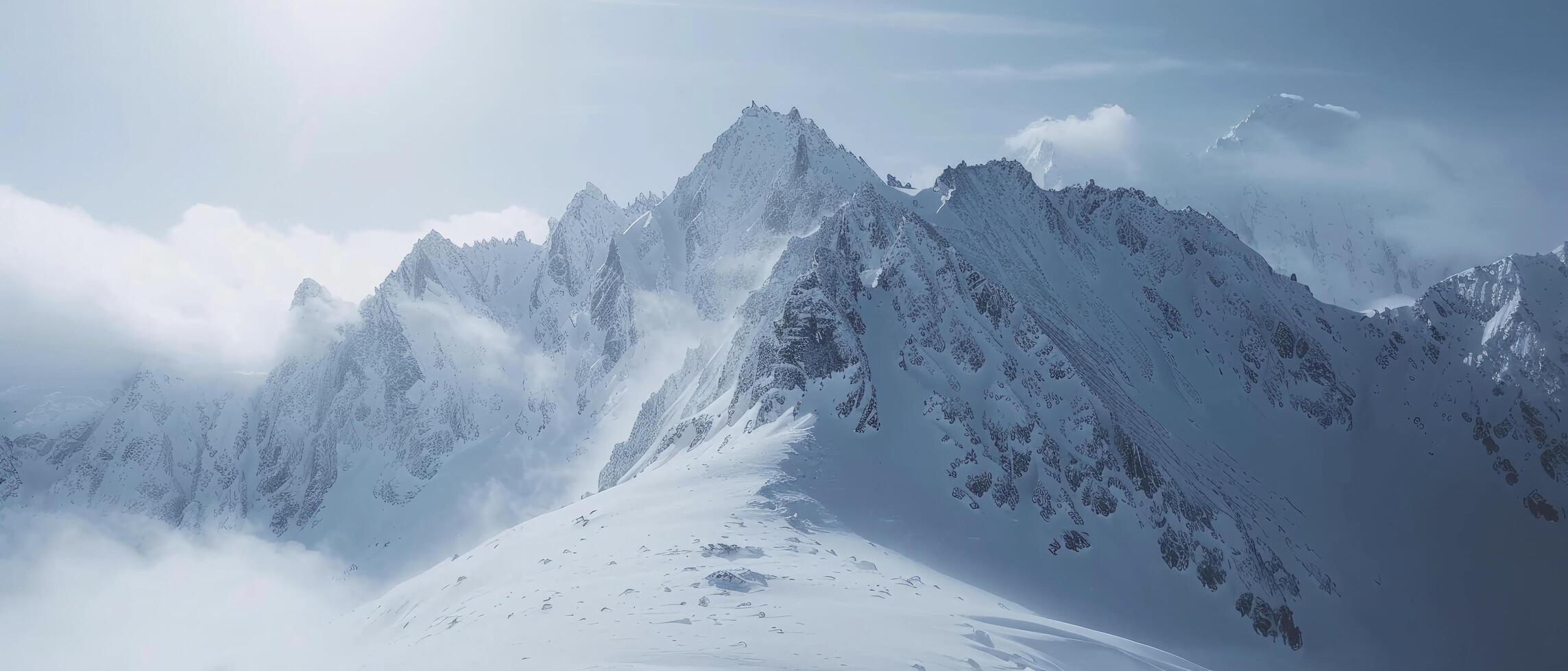 A snowy mountain with a sun shining on it photo