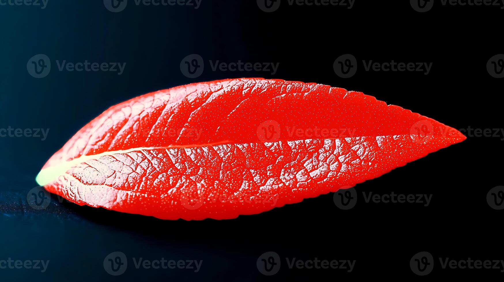 Vibrant red leaf resting on a dark surface, highlighting its intricate texture and color photo