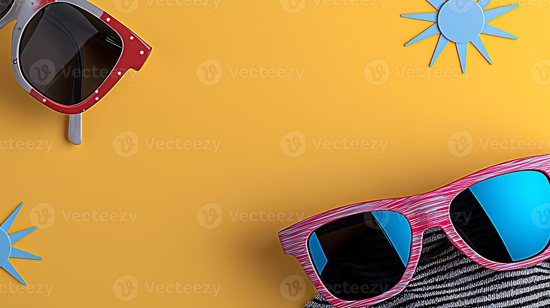 Colorful sunglasses on a vibrant yellow background with playful sun motifs and stylish textures photo