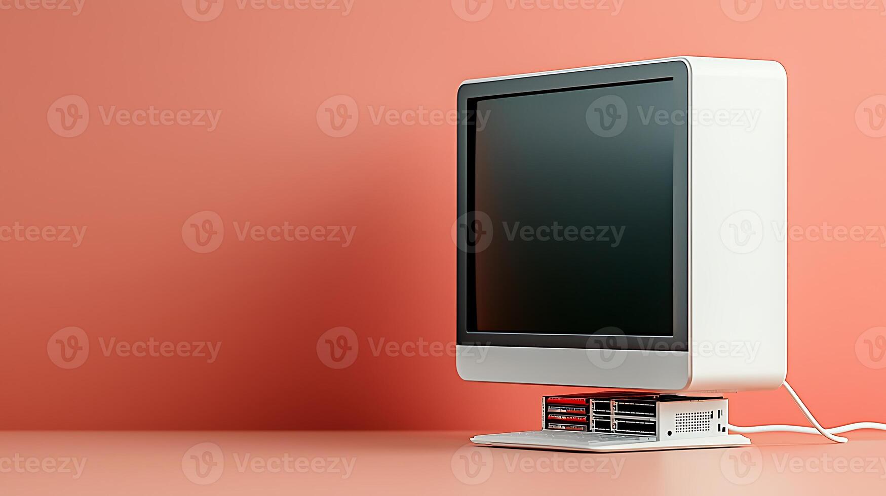 Retro computer setup on a minimalist desk against a coral wall, showcasing vintage technology aesthetics photo