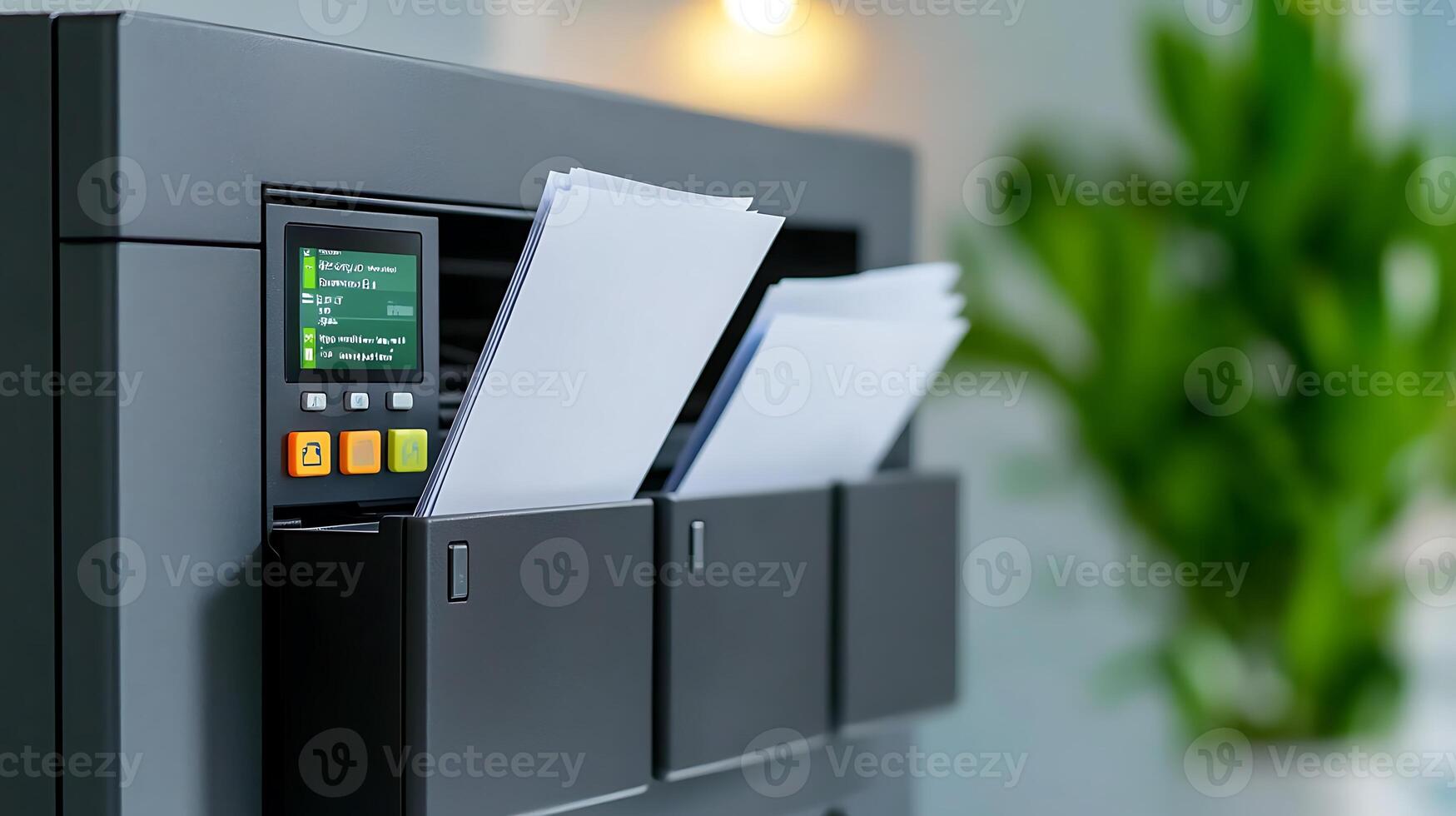 Modern office printer displaying printed documents with green plants in the background photo