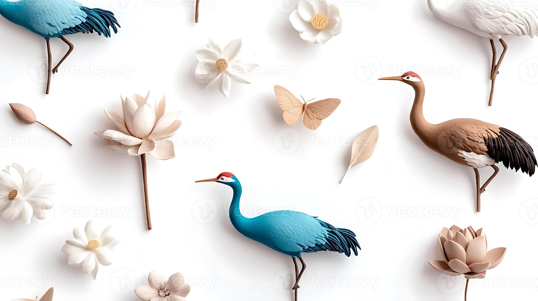Colorful paper cranes and flowers arranged on a white background, showcasing artistic design photo