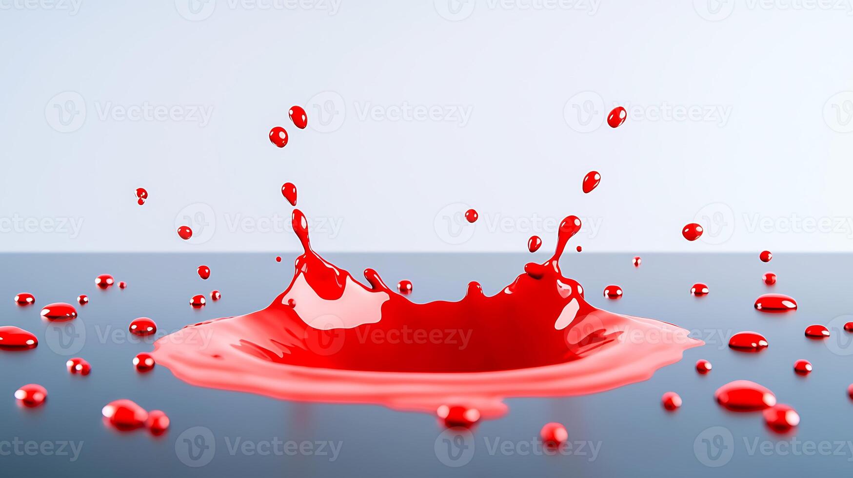 Vibrant red paint splash on a smooth surface with droplets scattered, ideal for creative projects photo