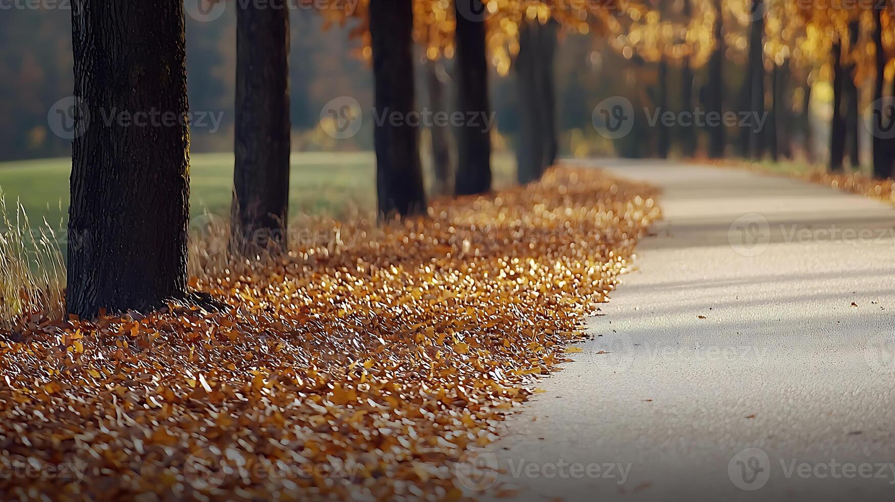 Serene autumn pathway lined with vibrant trees and fallen leaves in a tranquil park setting photo