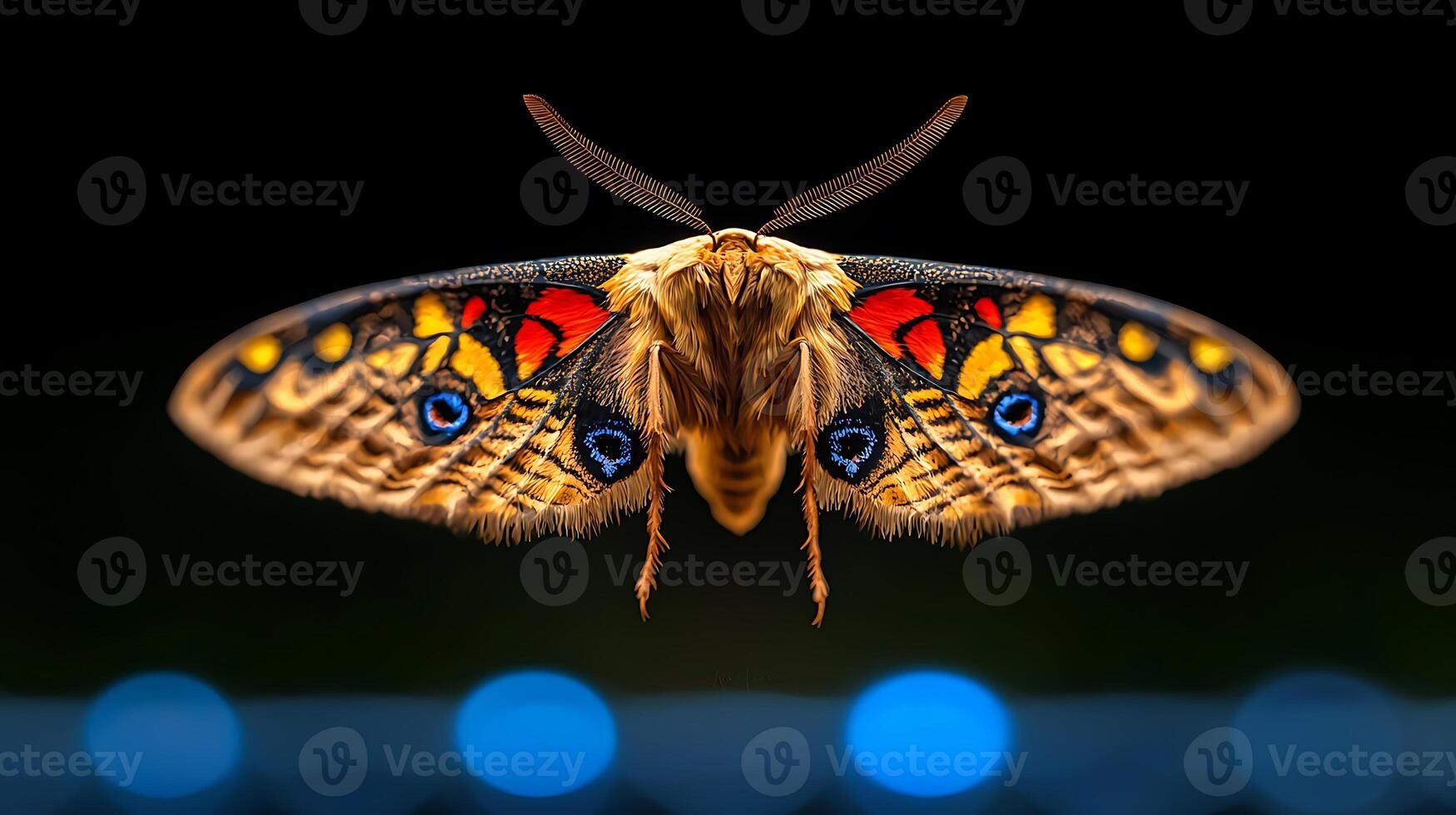 Close-up view of a colorful moth in flight against a blurred blue background at night photo