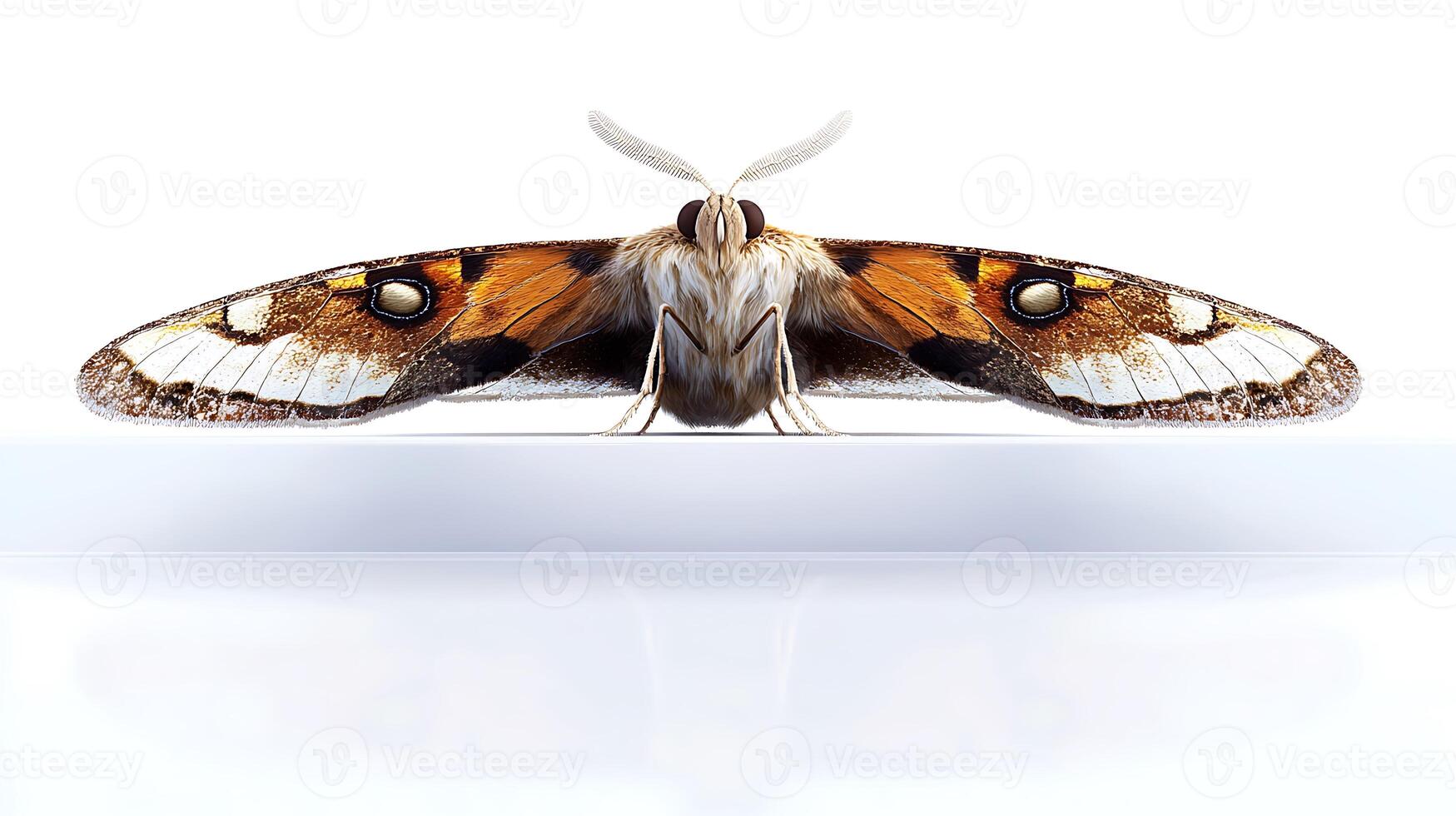 Close-up view of a colorful moth perched on a clean surface, showcasing intricate wing patterns photo