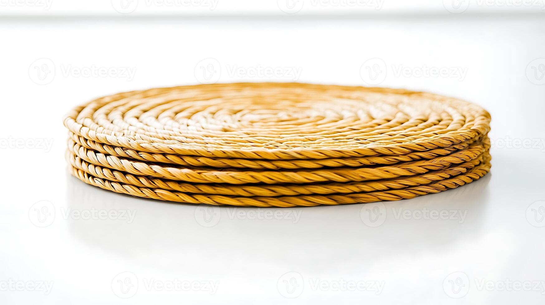 Close-up of woven coasters stacked neatly on a white surface, highlighting their texture and design photo