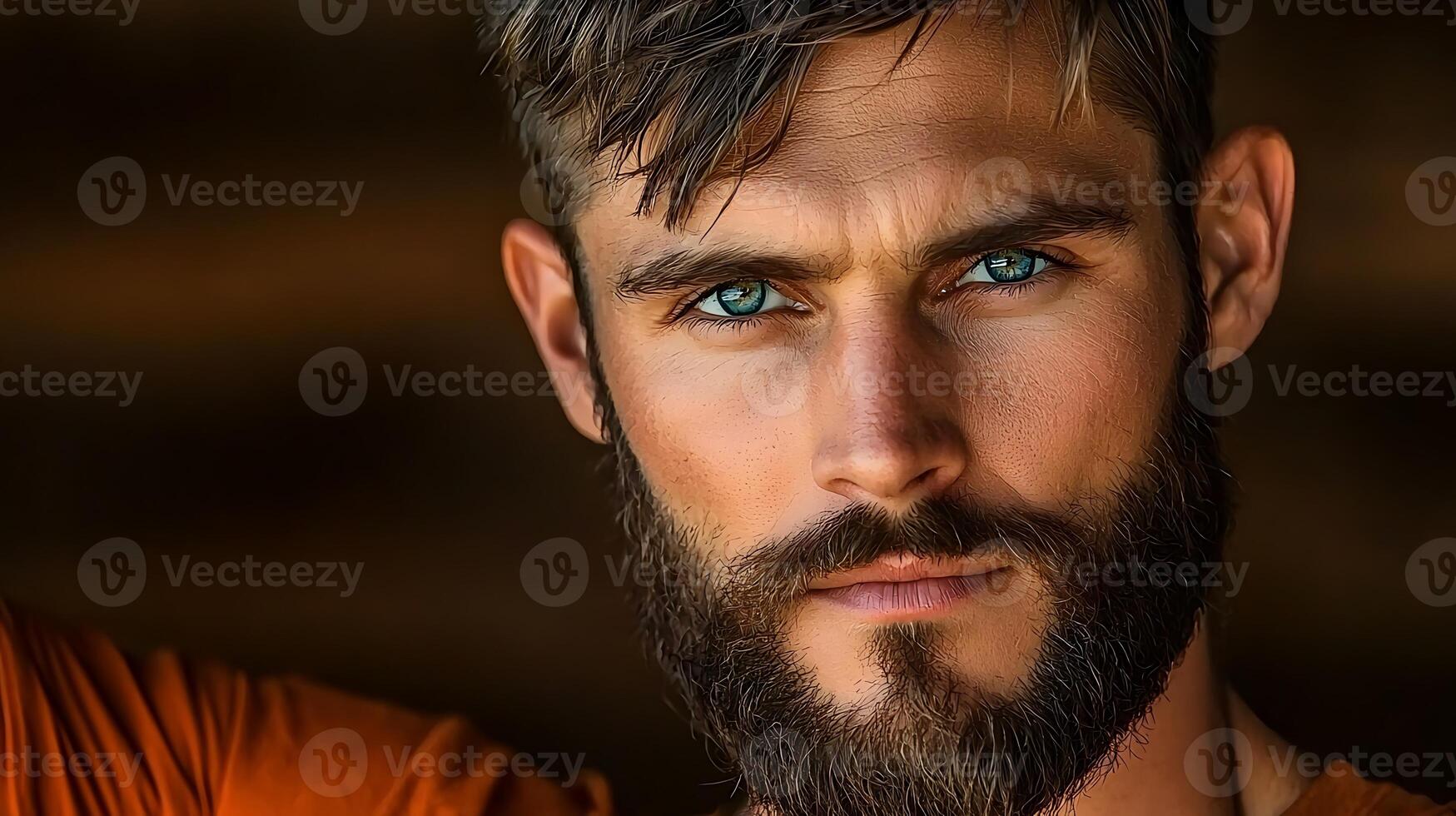 Close-up portrait of a man with striking blue eyes and a beard, set against a rustic background photo