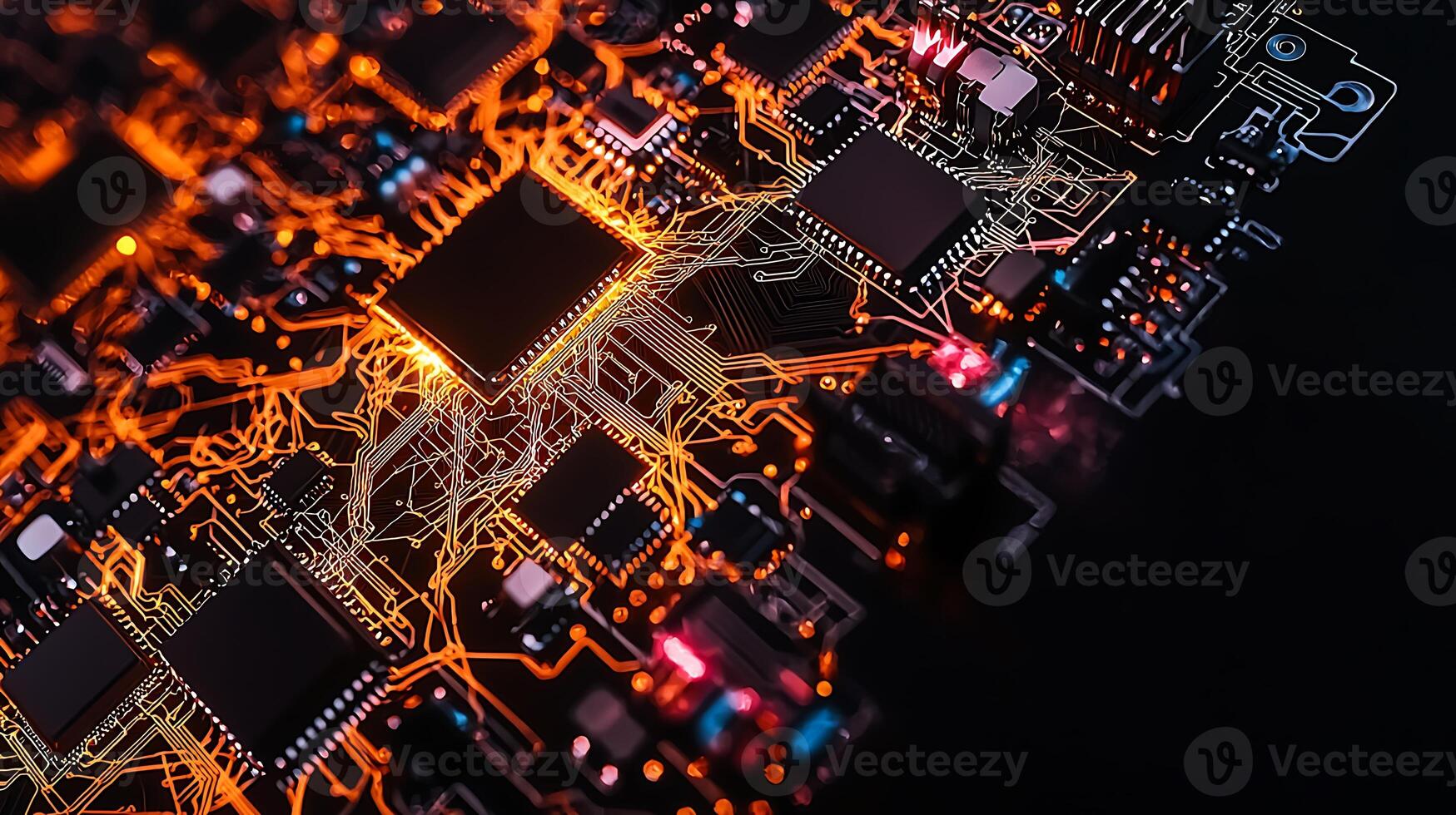 Close-up view of a circuit board with glowing connections and intricate components at night photo